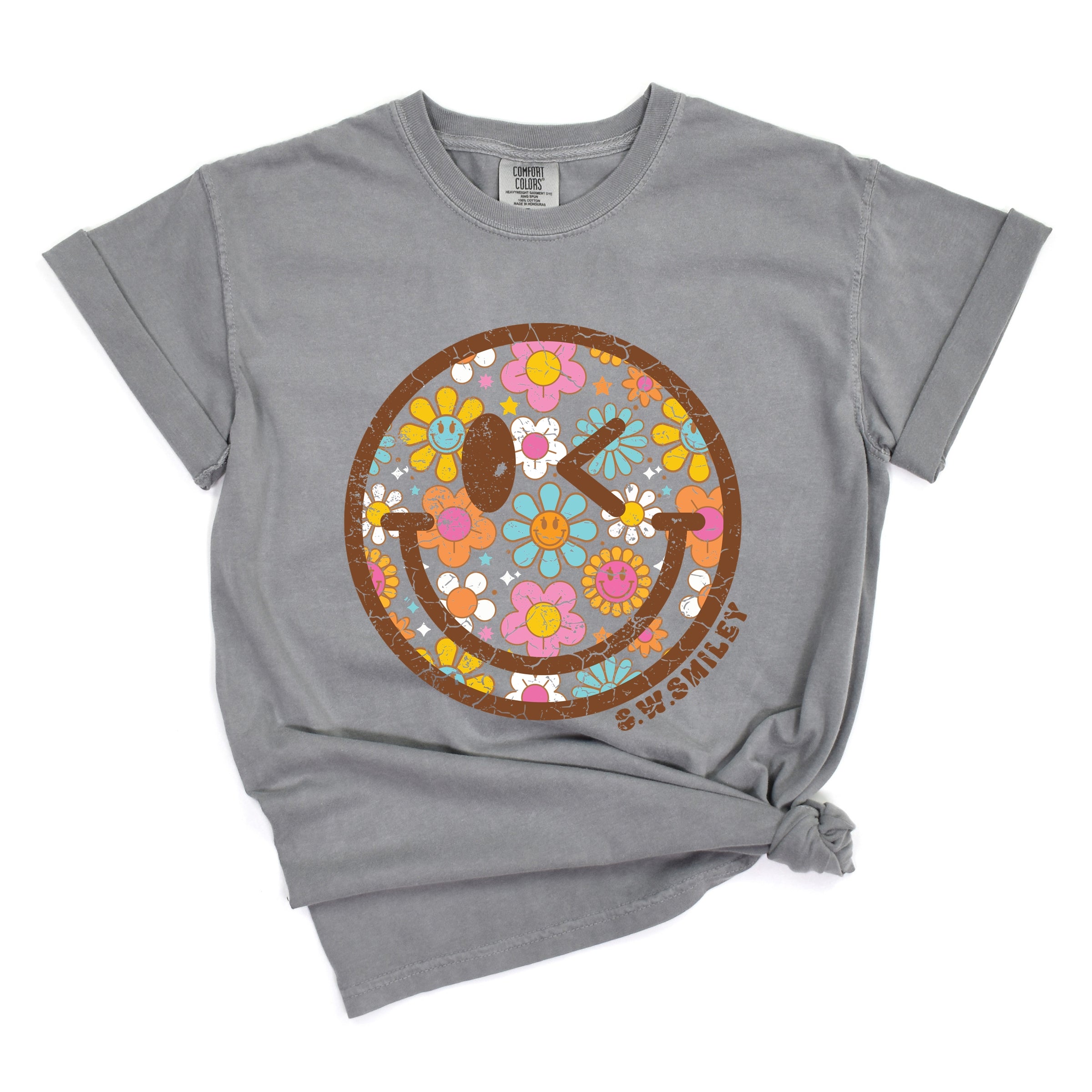 S.W.Smiley Groovy Floral Outline - Women's Garment Dyed Graphic T-Shirt