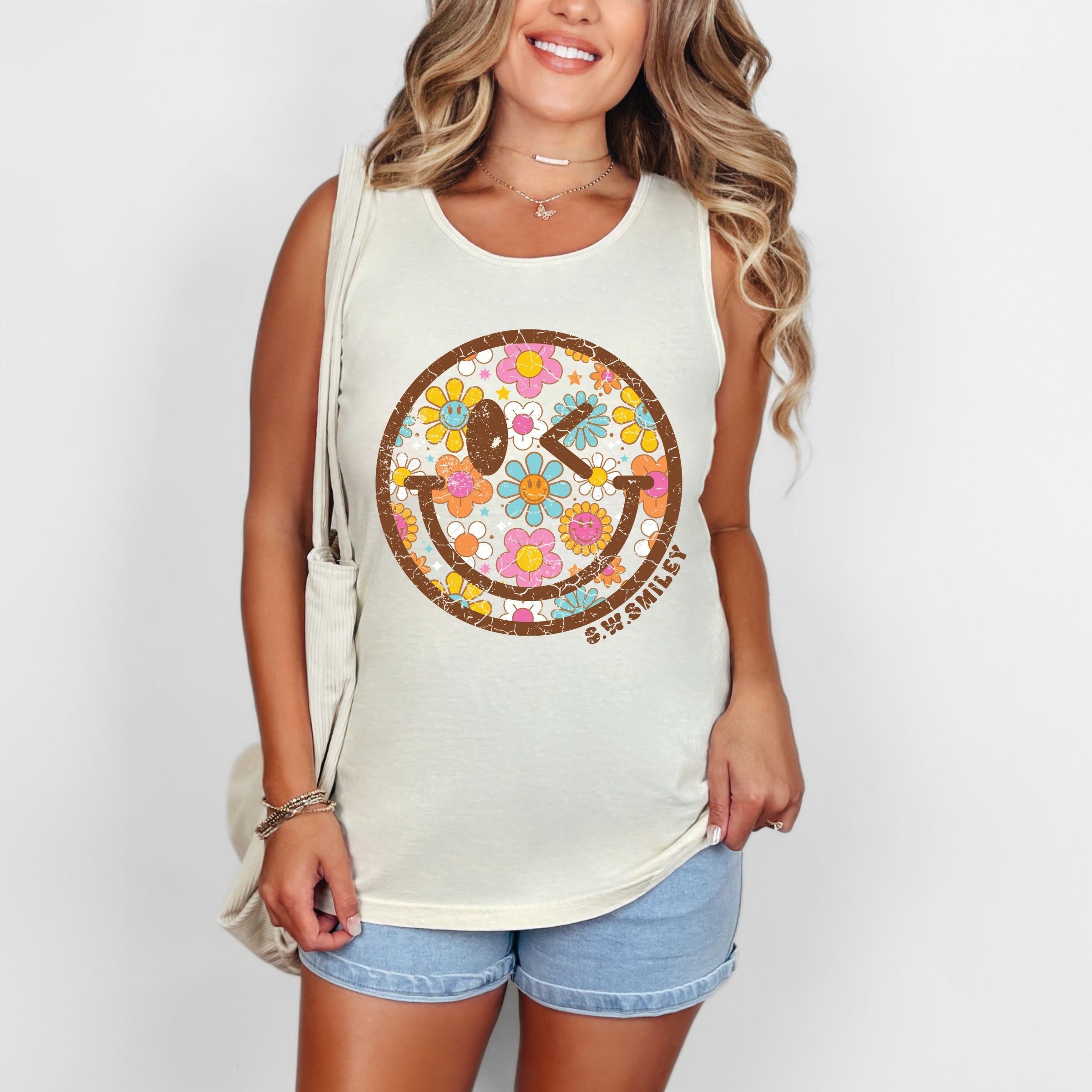 S.W.Smiley Groovy Floral Outline - Women's Garment Dyed Graphic Tank Top