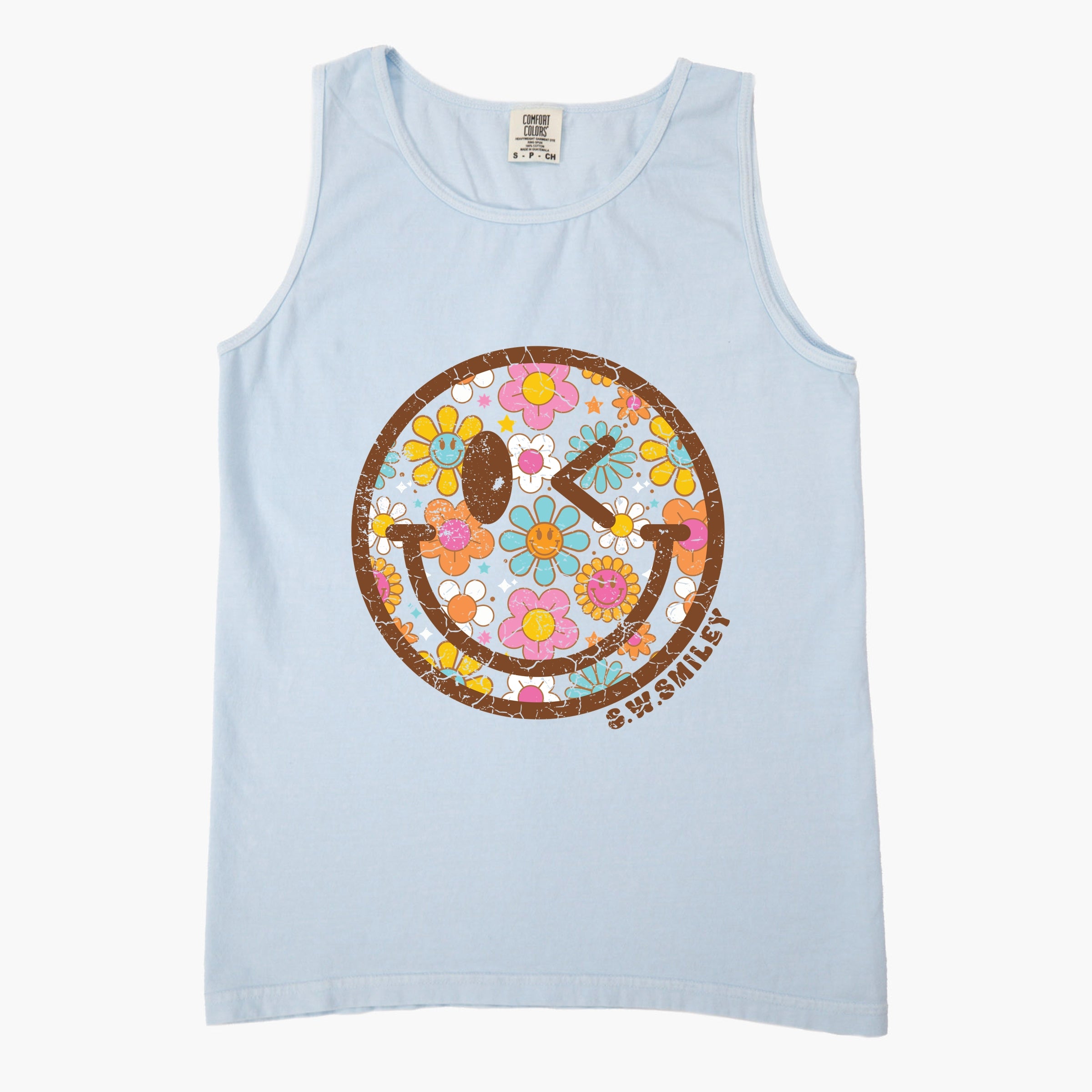 S.W.Smiley Groovy Floral Outline - Women's Garment Dyed Graphic Tank Top