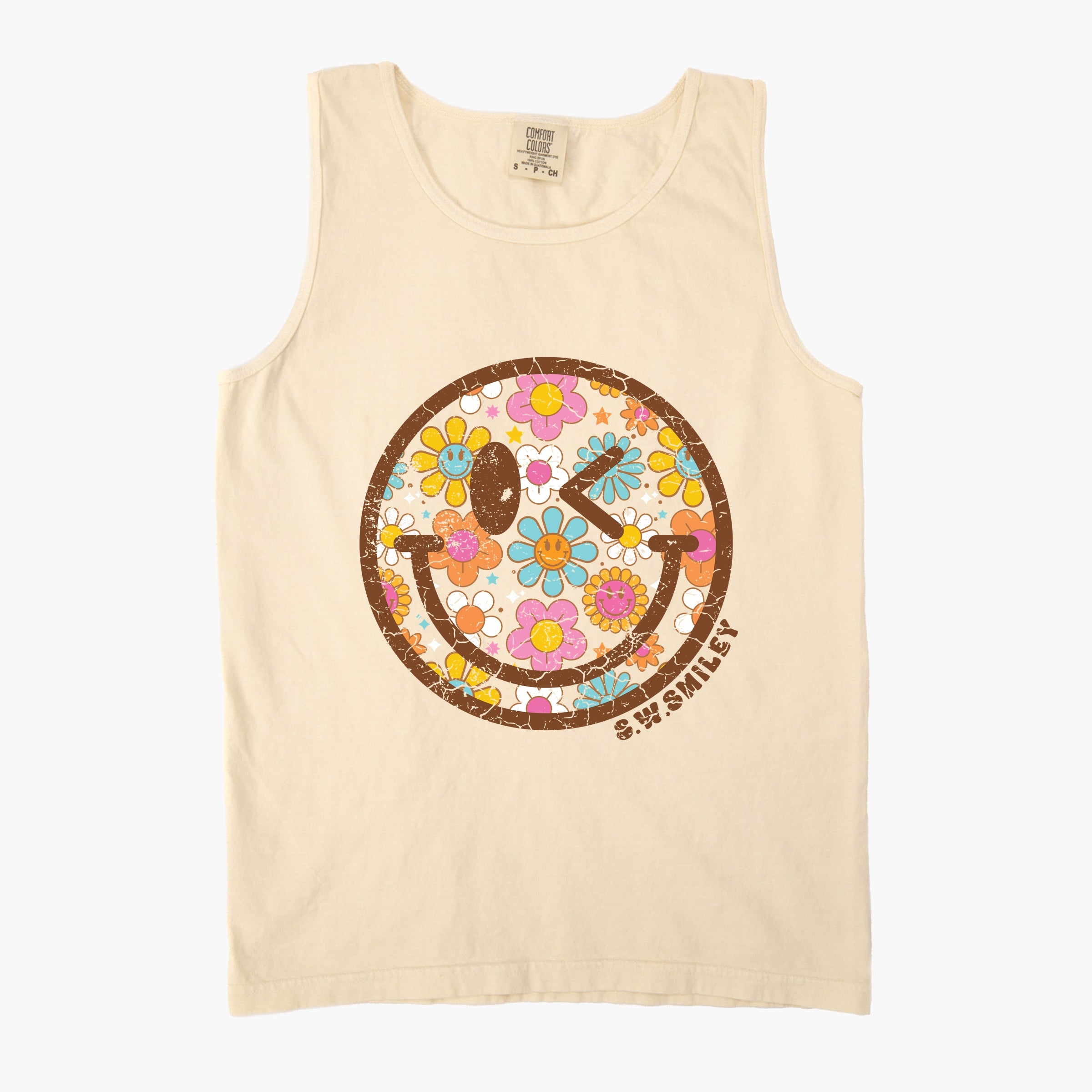 S.W.Smiley Groovy Floral Outline - Women's Garment Dyed Graphic Tank Top