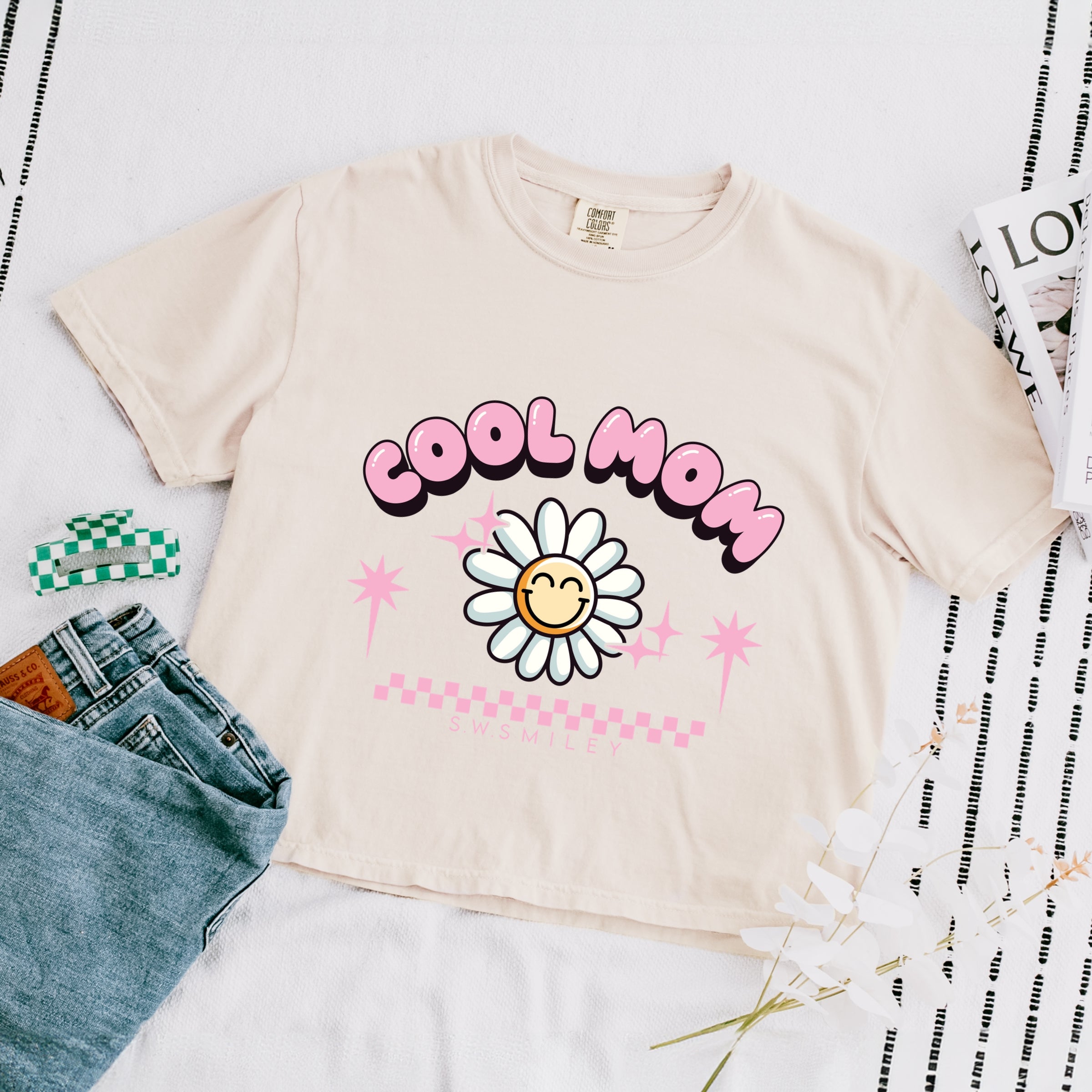 S.W.Smiley Cool Mom Flower - Womens Boxy Crop Top