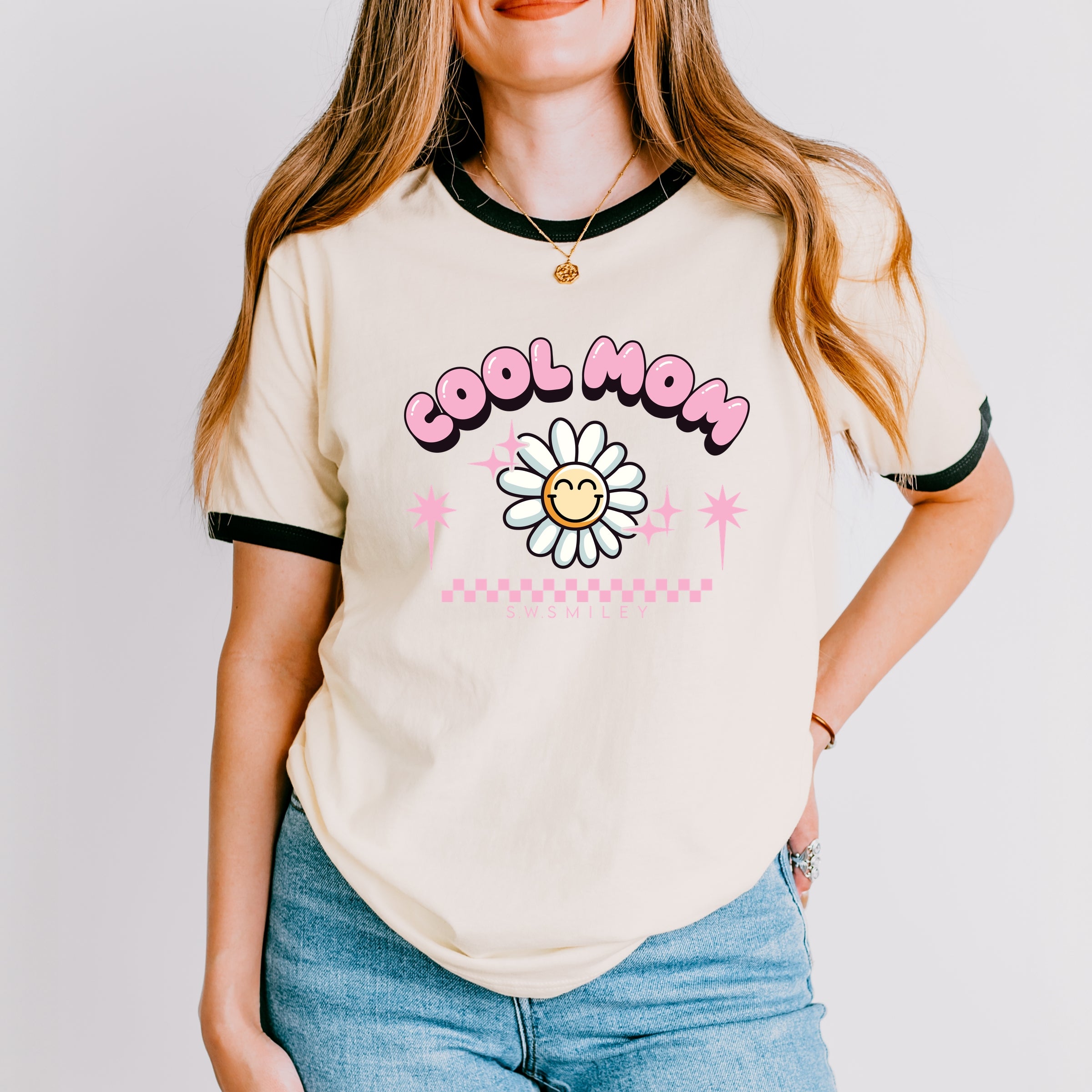 S.W.Smiley Cool Mom Flower - Womens Ringer Tee