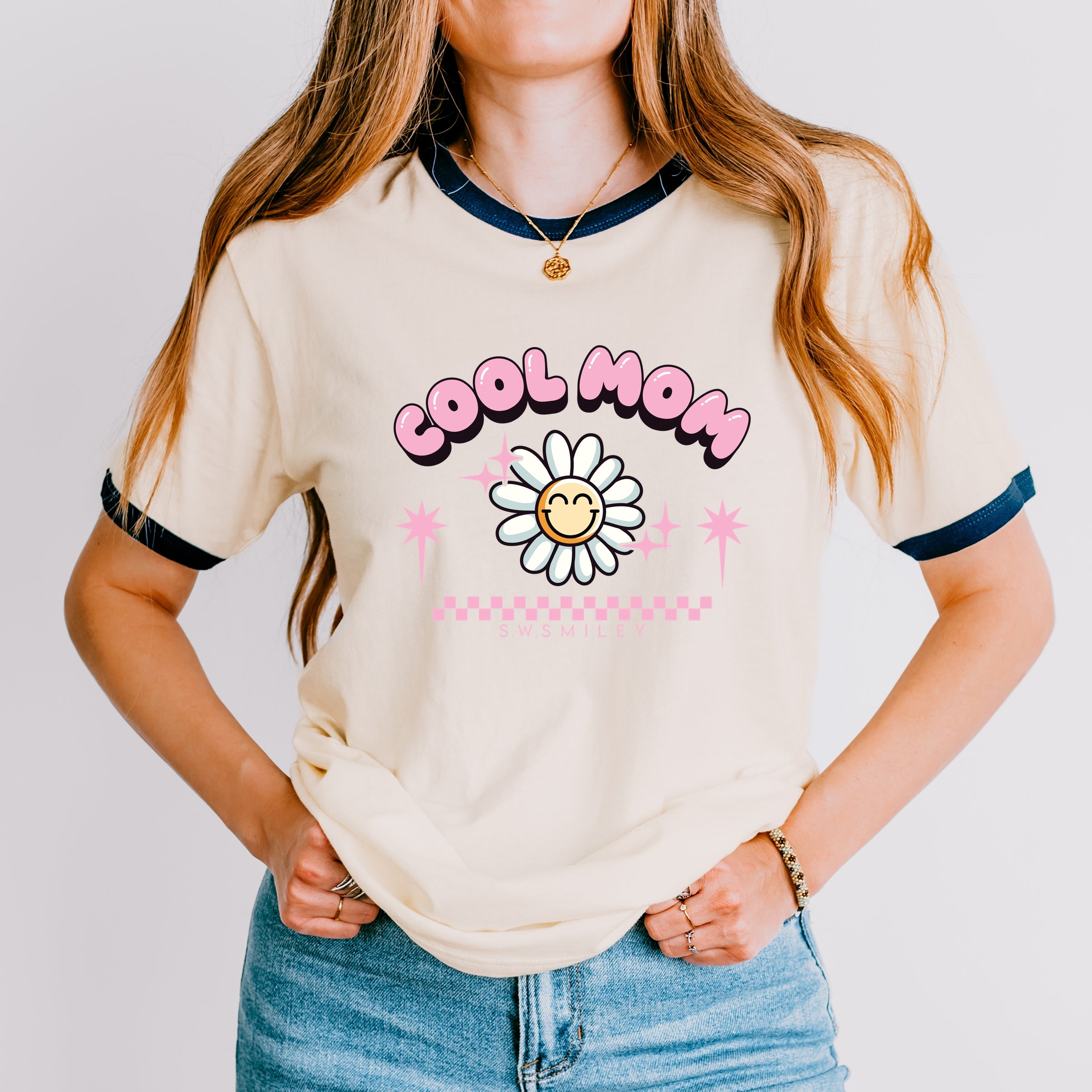 S.W.Smiley Cool Mom Flower - Womens Ringer Tee
