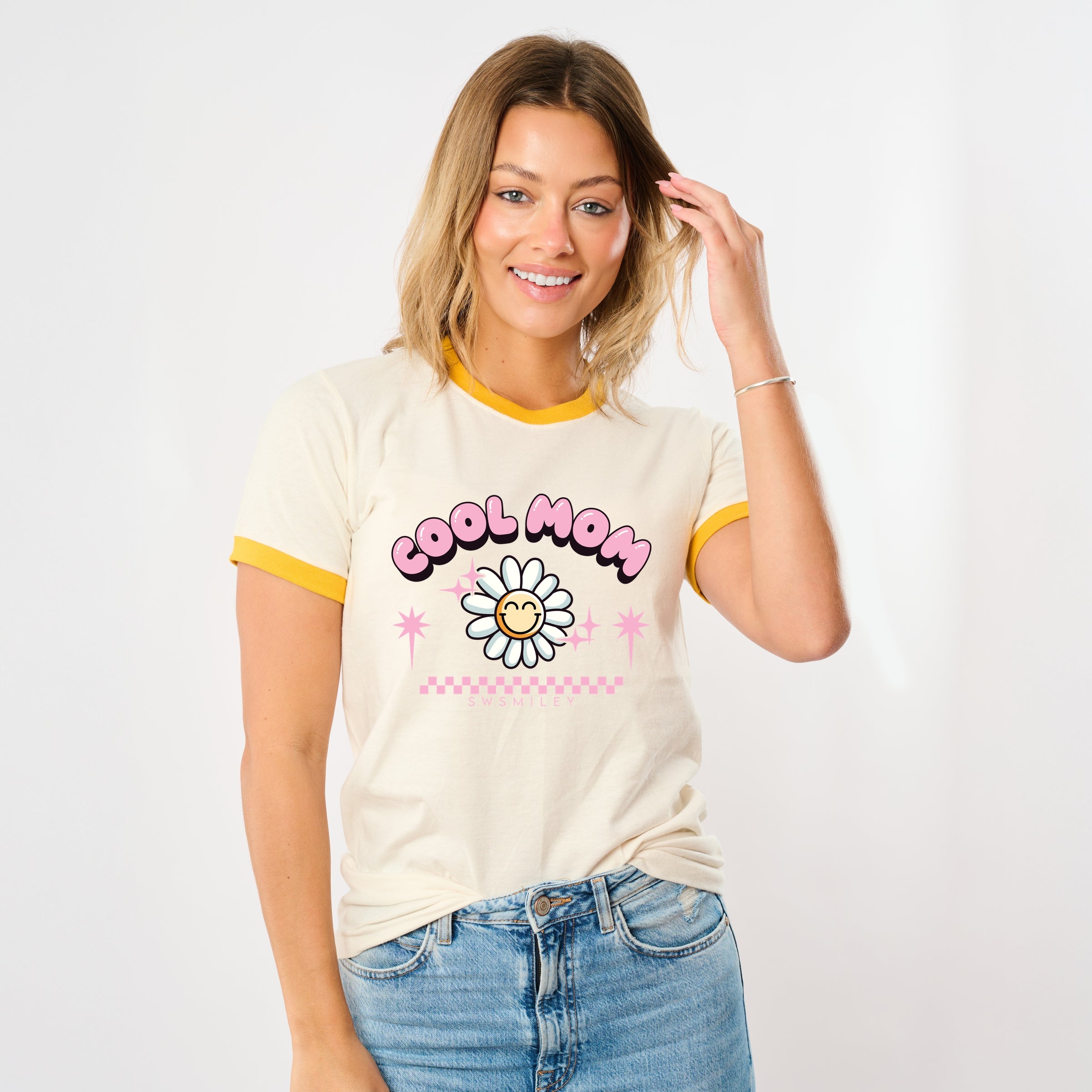 S.W.Smiley Cool Mom Flower - Women's Ringer Tee
