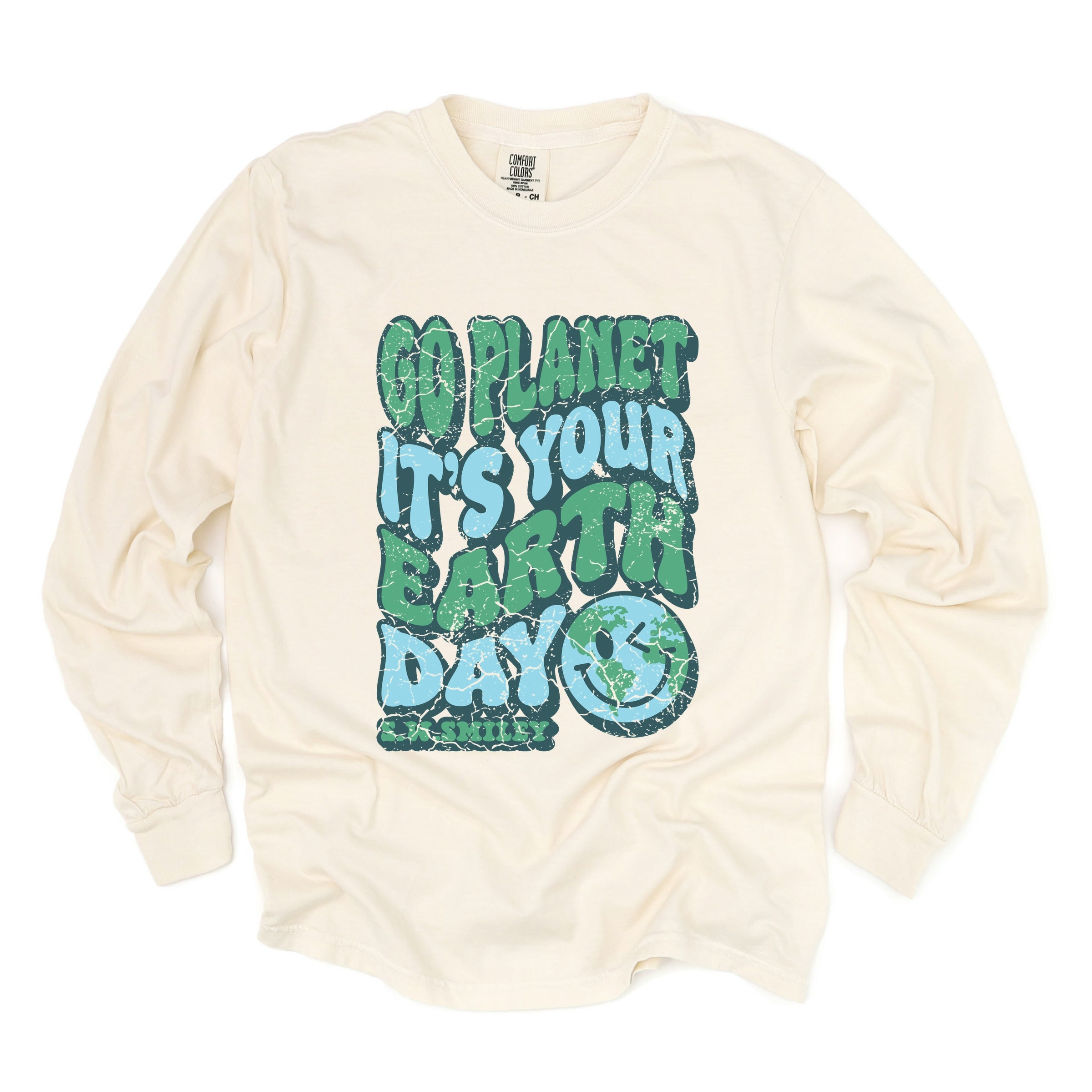 S.W.Smiley Go Planet It's Your Earth Day - Women's Garment Dyed Long Sleeve Graphic T-Shirt