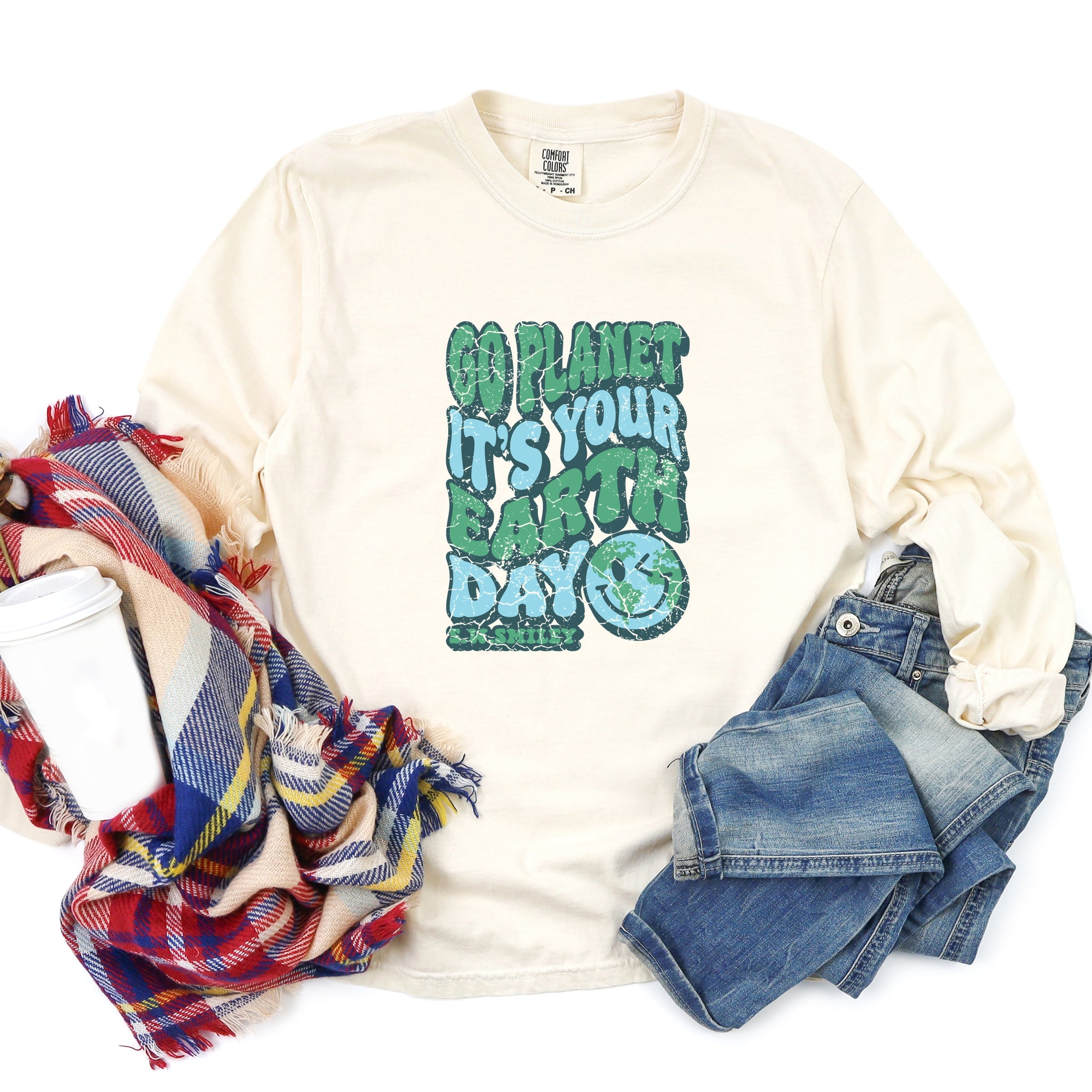 S.W.Smiley Go Planet It's Your Earth Day - Women's Garment Dyed Long Sleeve Graphic T-Shirt