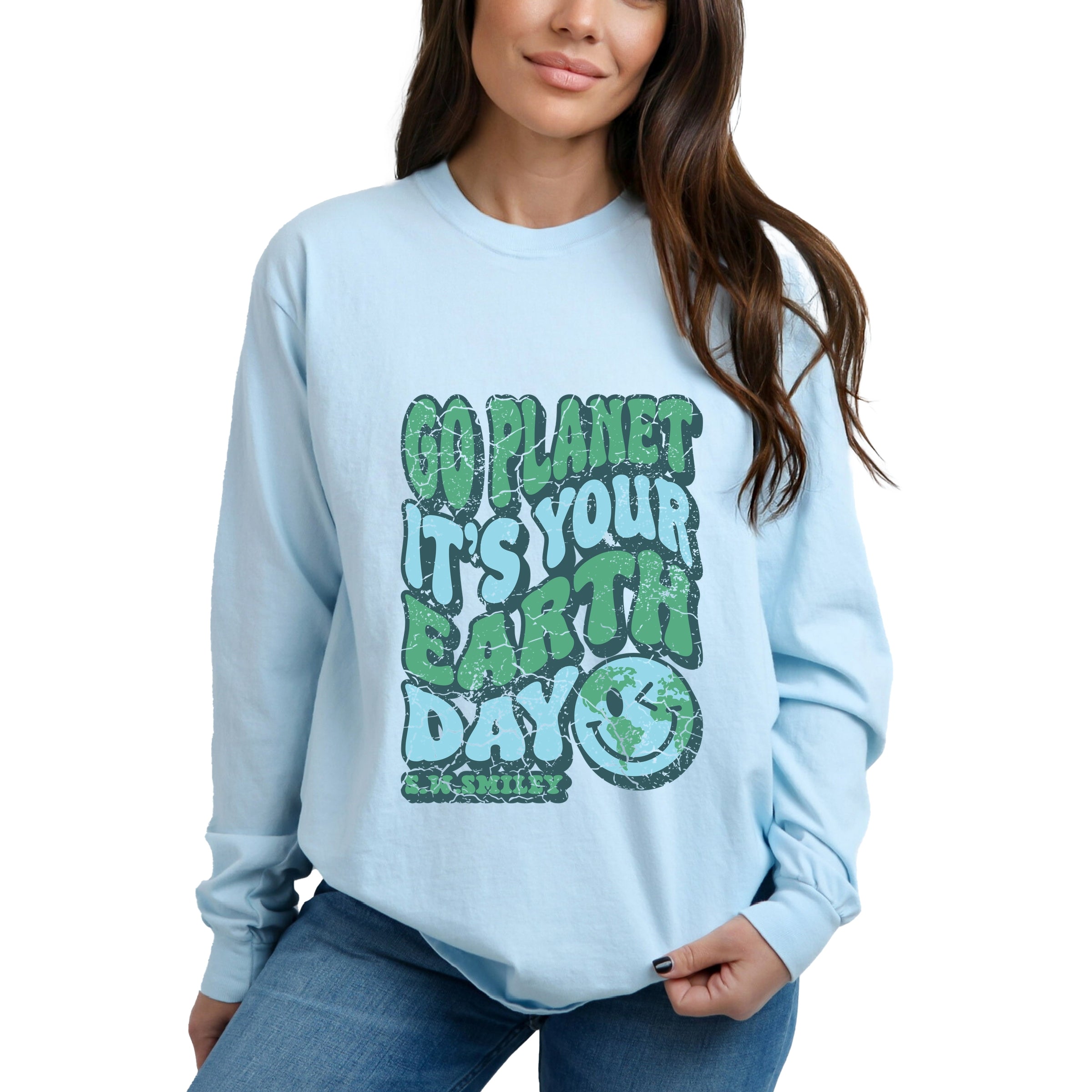S.W.Smiley Go Planet It's Your Earth Day - Women's Garment Dyed Long Sleeve Graphic T-Shirt