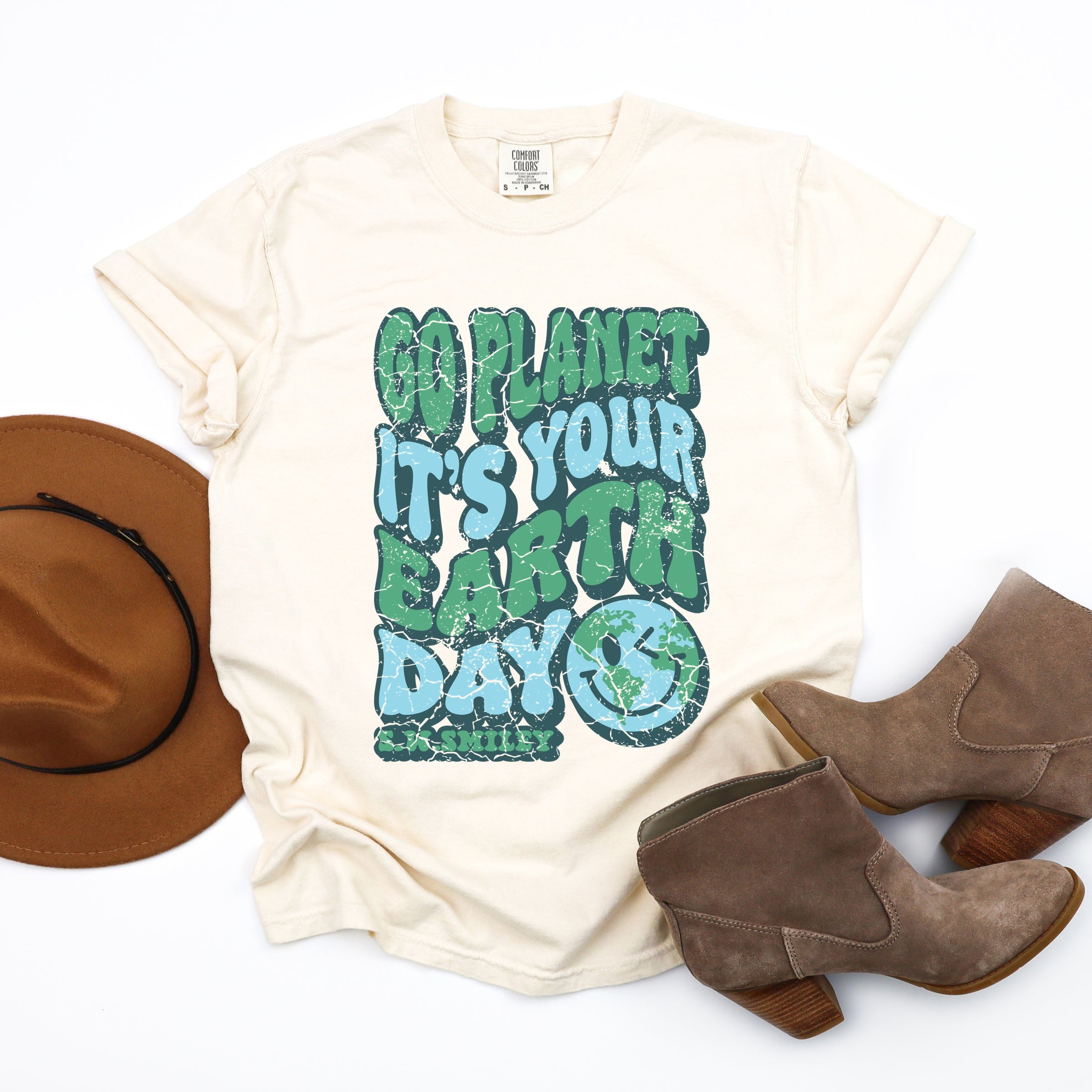 S.W.Smiley Go Planet It's Your Earth Day - Women's Garment Dyed Graphic T-Shirt