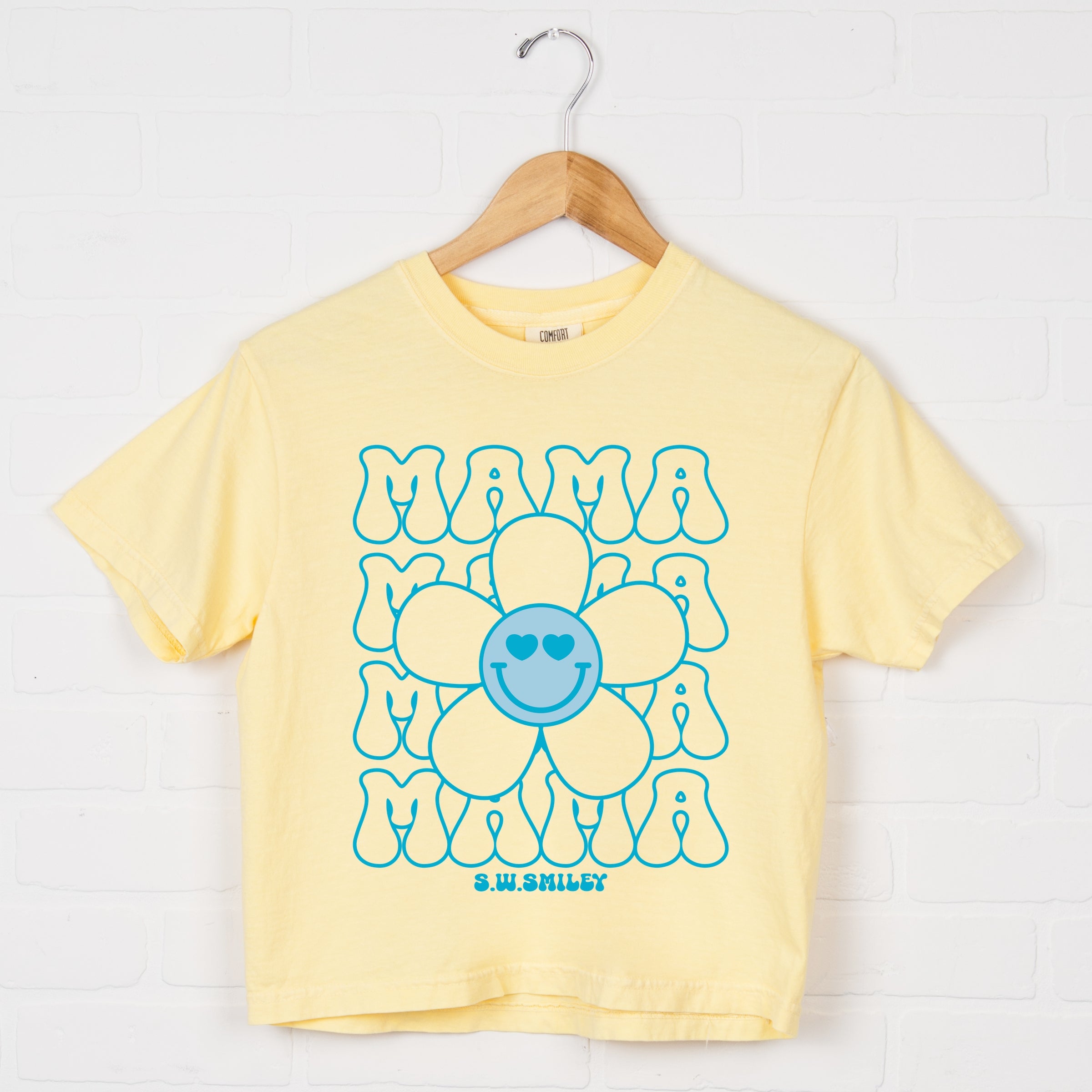 S.W.Smiley Mama Stacked Flower - Women's Boxy Crop Top Graphic T-Shirt