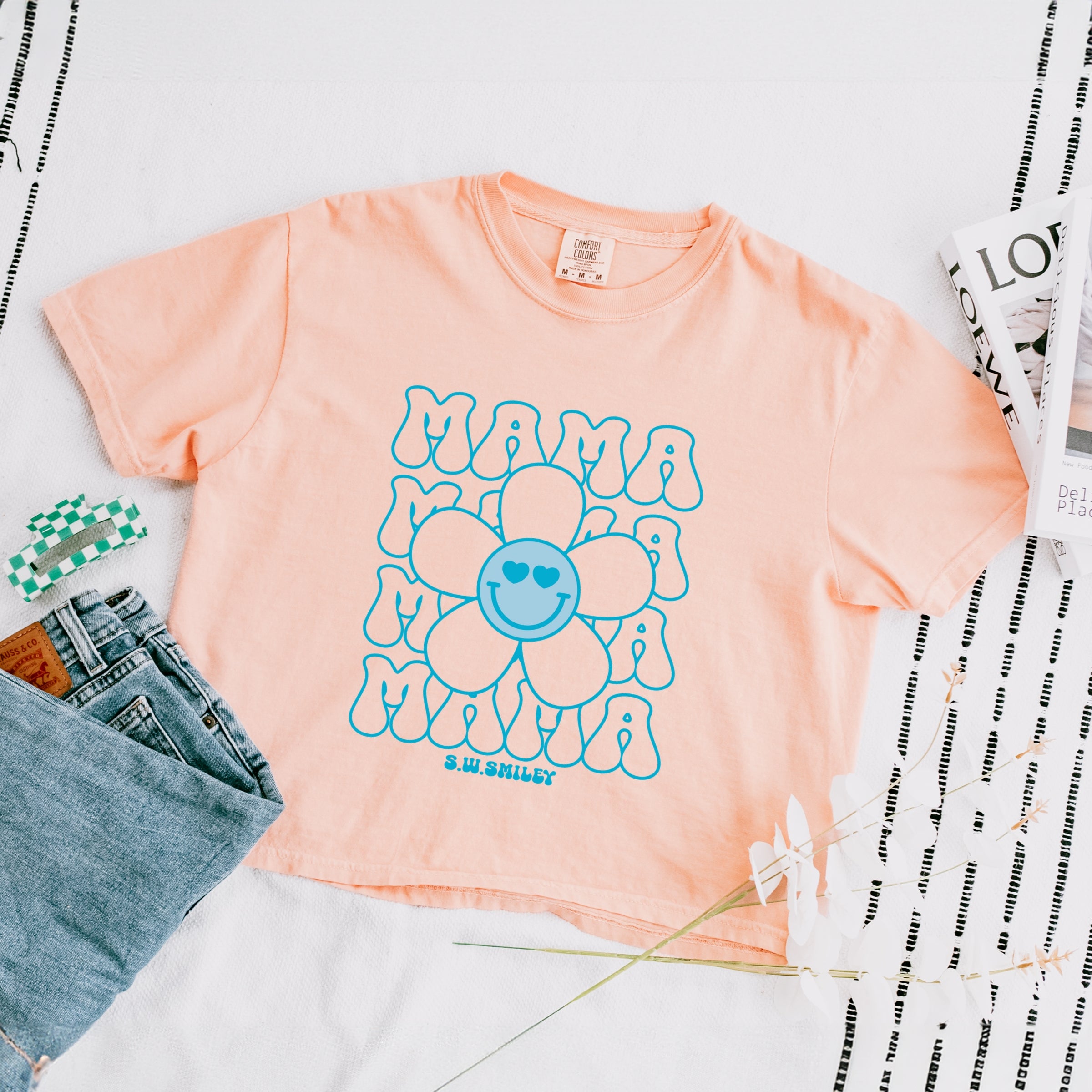 S.W.Smiley Mama Stacked Flower - Women's Boxy Crop Top Graphic T-Shirt