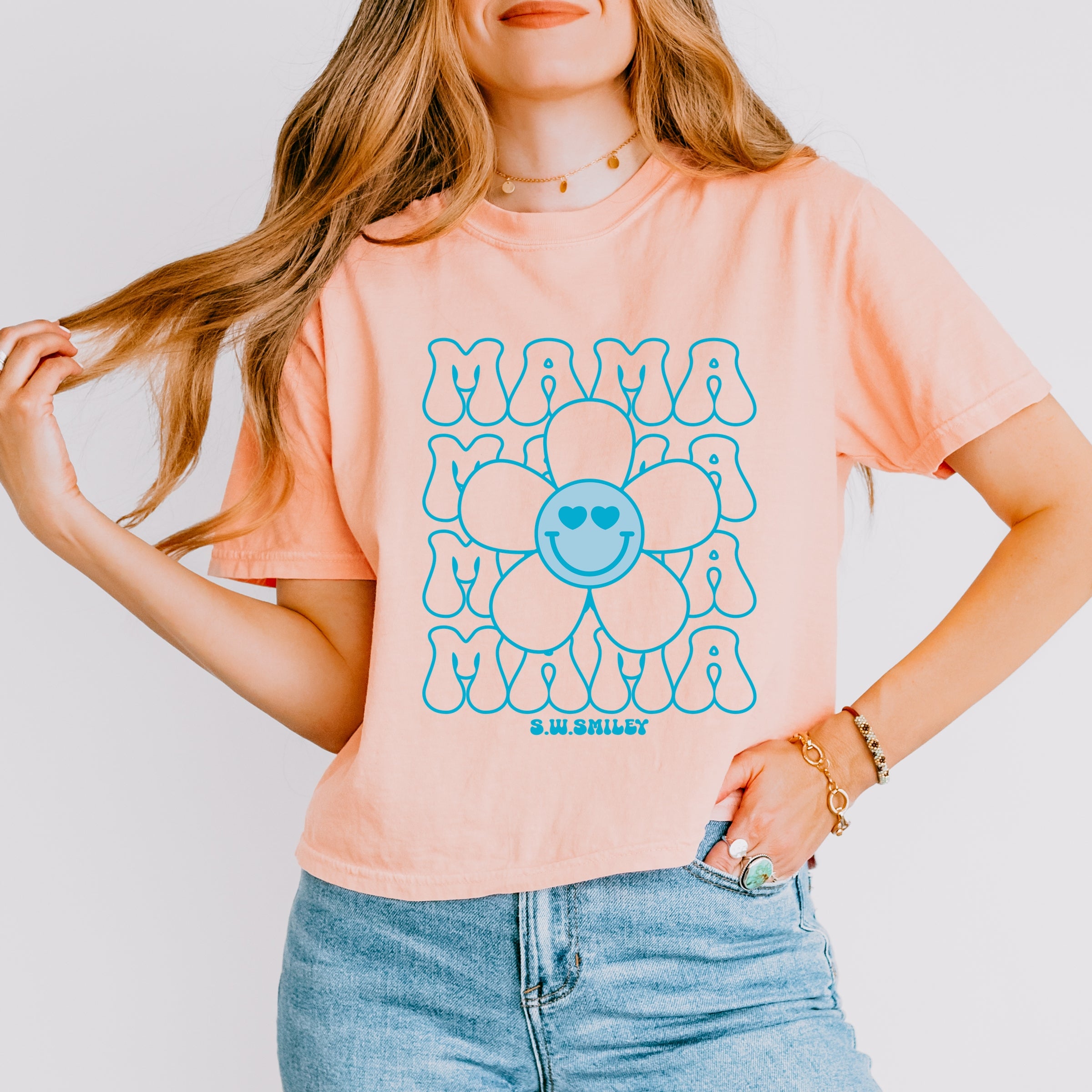 S.W.Smiley Mama Stacked Flower - Women's Boxy Crop Top Graphic T-Shirt
