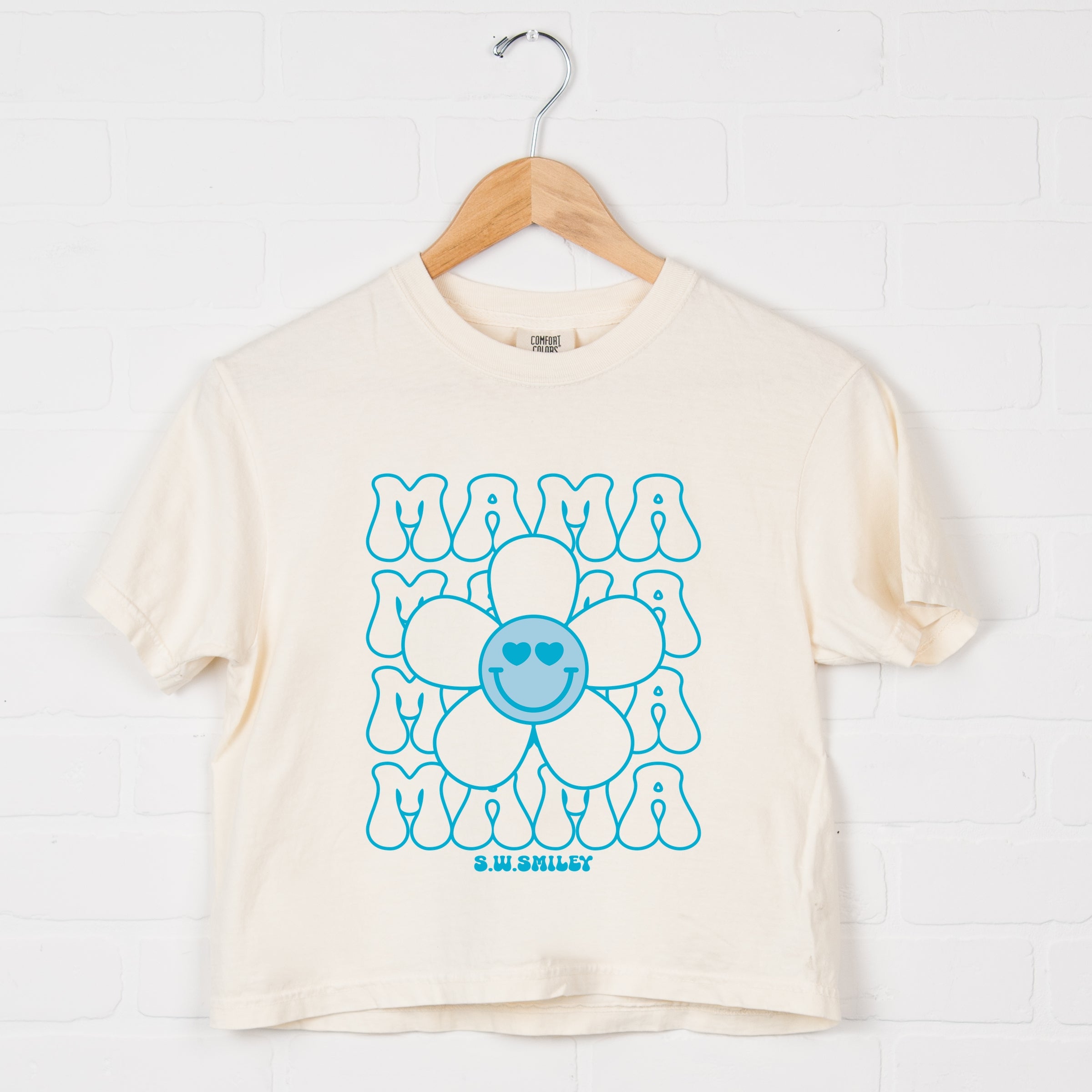 S.W.Smiley Mama Stacked Flower - Women's Boxy Crop Top Graphic T-Shirt