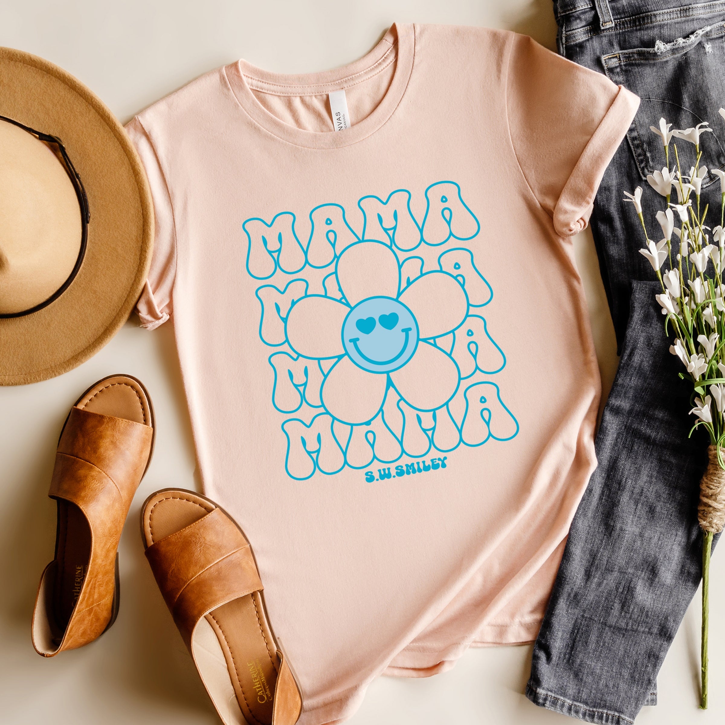 S.W.Smiley Mama Stacked Flower - Women's Short Sleeve Graphic T-Shirt