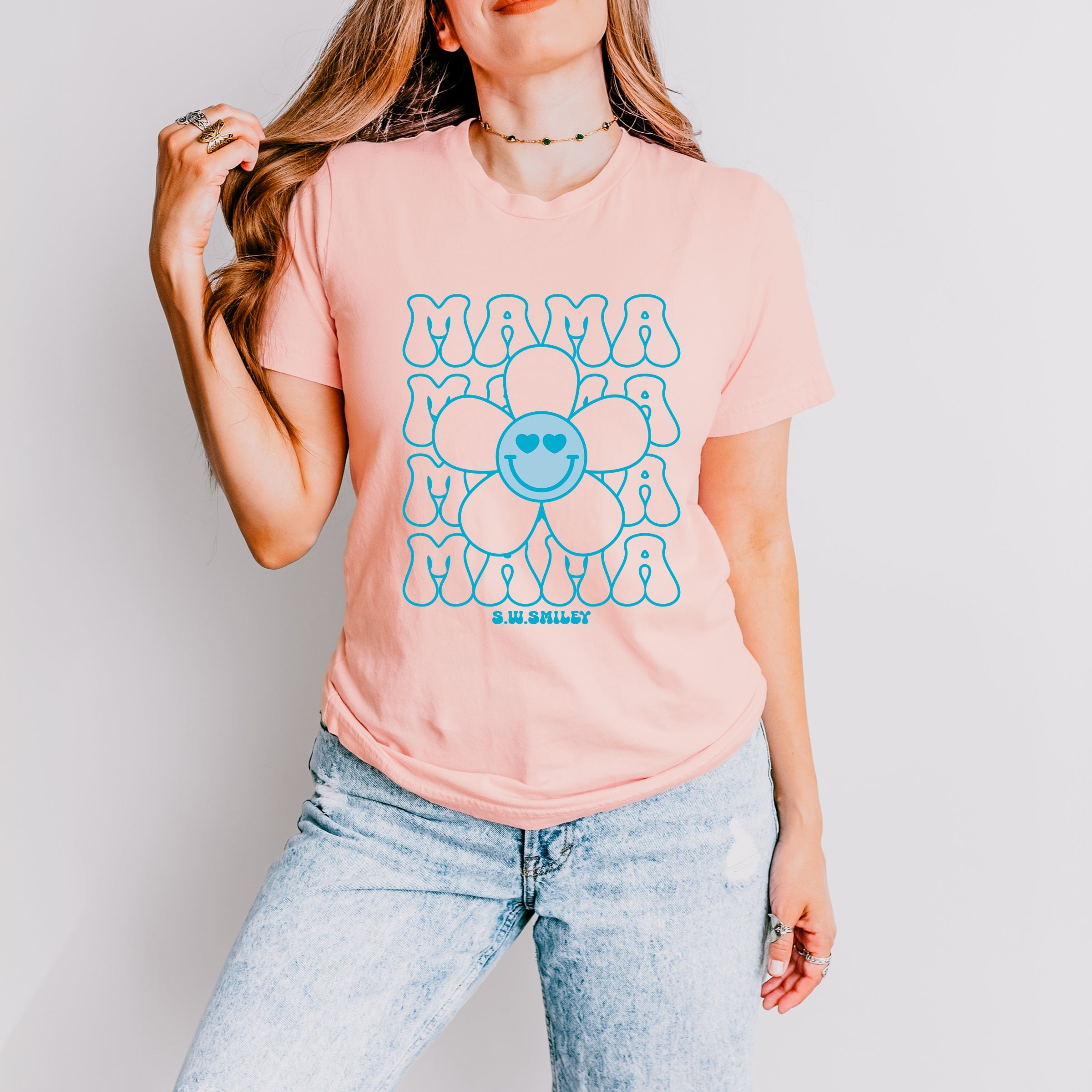 S.W.Smiley Mama Stacked Flower - Women's Short Sleeve Graphic T-Shirt