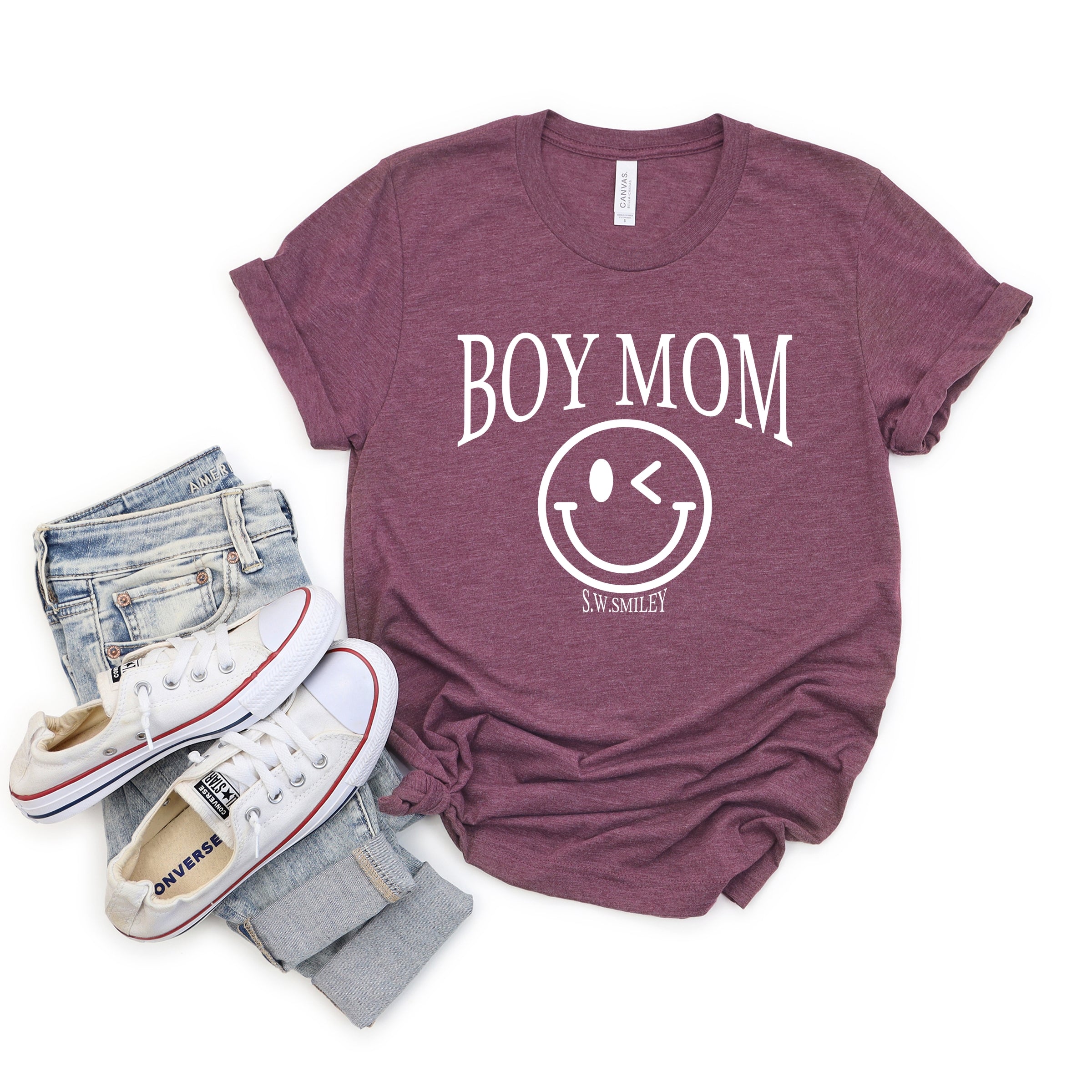 S.W.Smiley Boy Mom Outline - Women's Short Sleeve Graphic T-Shirt