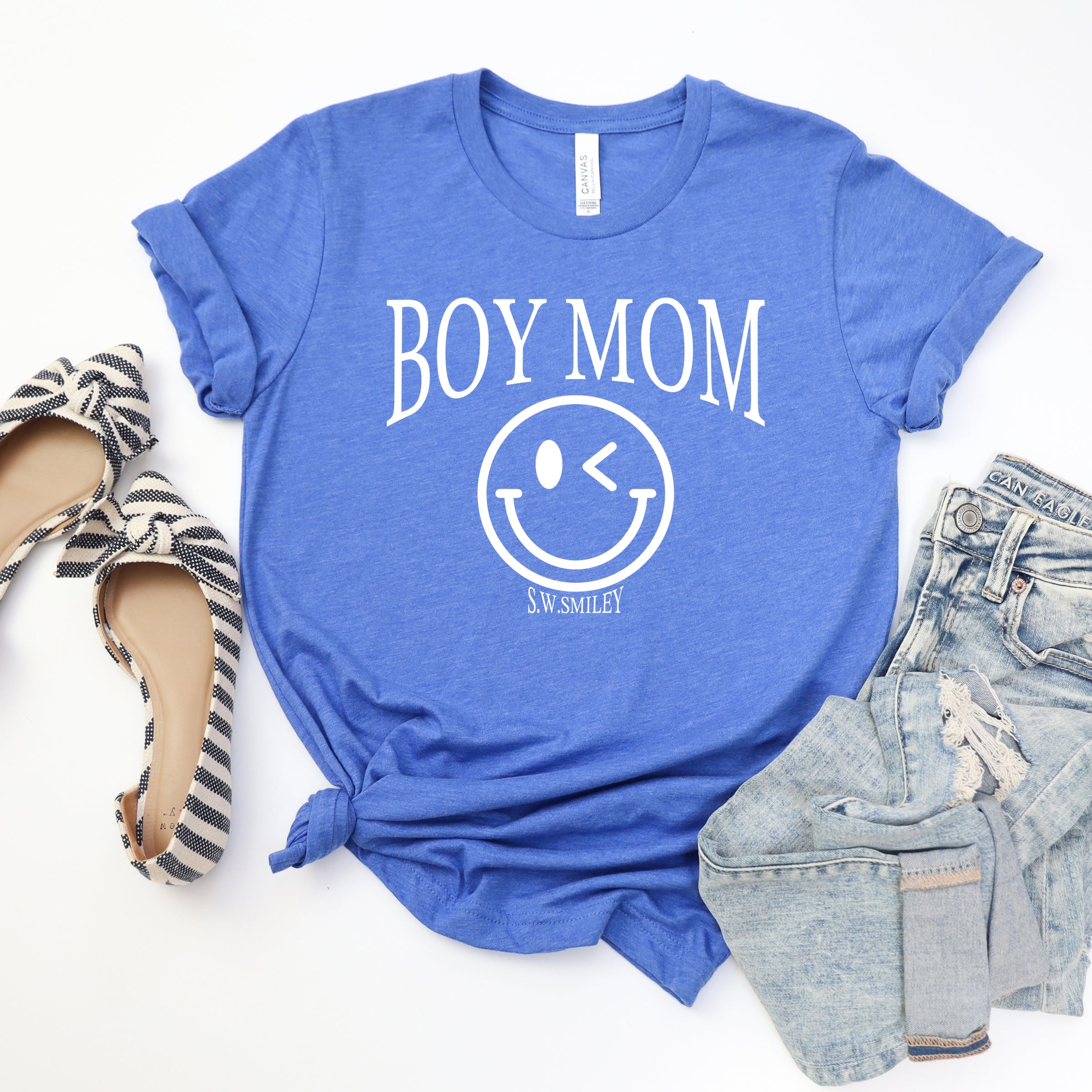 S.W.Smiley Boy Mom Outline - Women's Short Sleeve Graphic T-Shirt