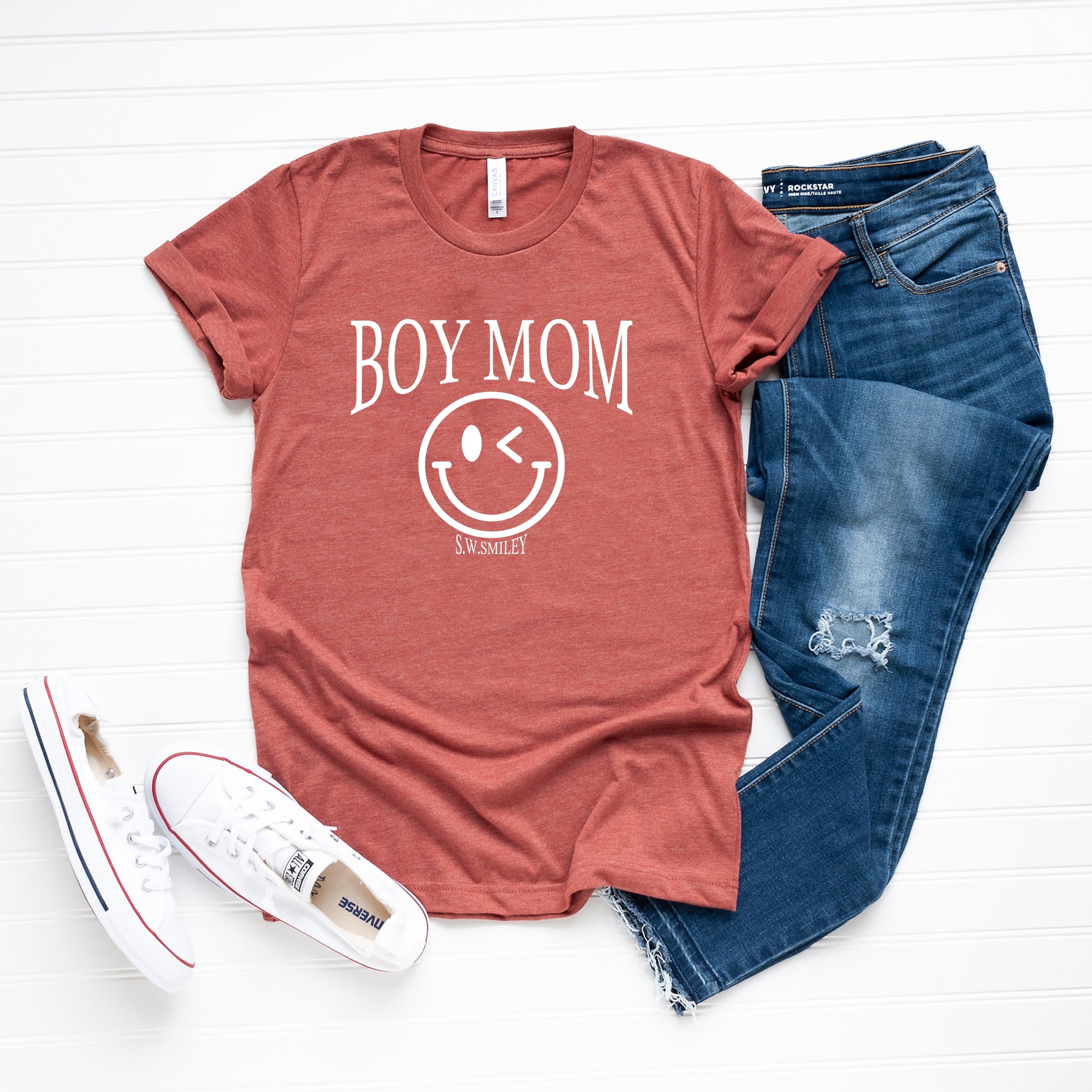 S.W.Smiley Boy Mom Outline - Women's Short Sleeve Graphic T-Shirt