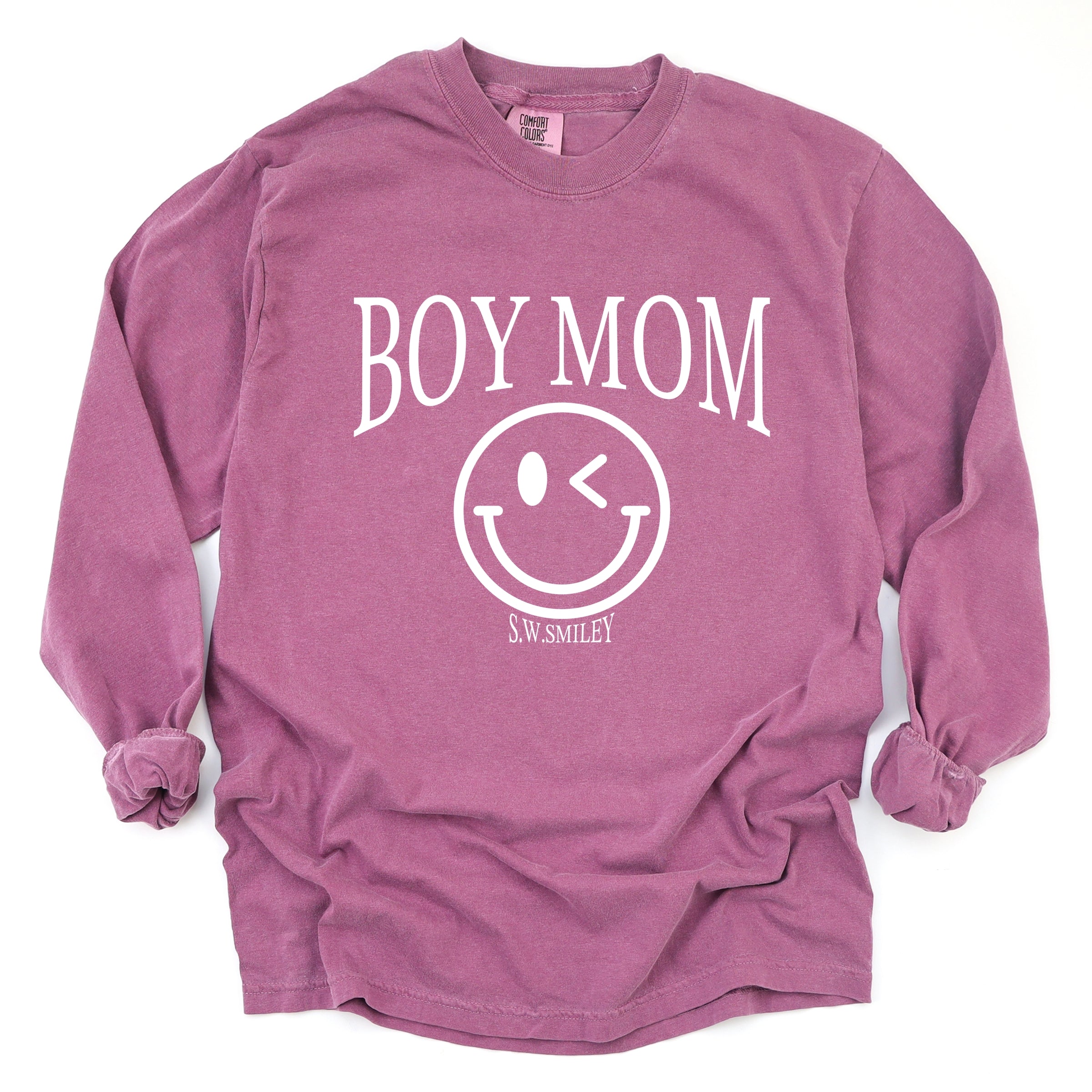 S.W.Smiley Boy Mom Outline - Women's Garment Dyed Long Sleeve Graphic T-Shirt