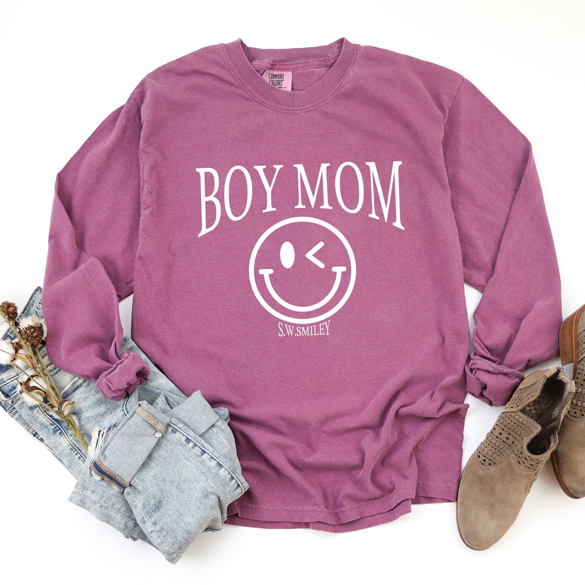 S.W.Smiley Boy Mom Outline - Women's Garment Dyed Long Sleeve Graphic T-Shirt