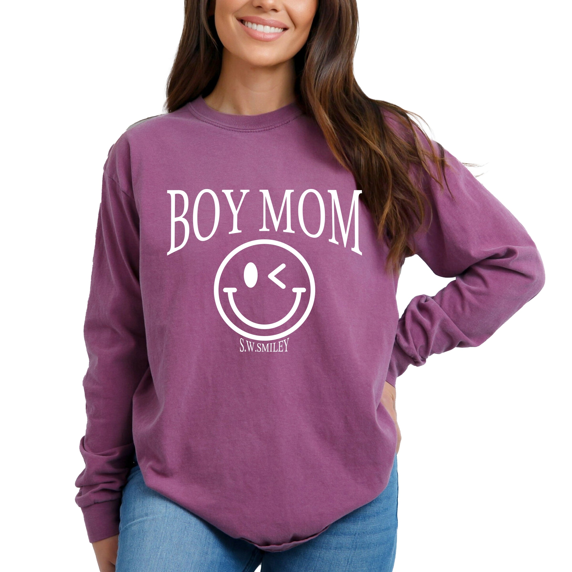 S.W.Smiley Boy Mom Outline - Women's Garment Dyed Long Sleeve Graphic T-Shirt