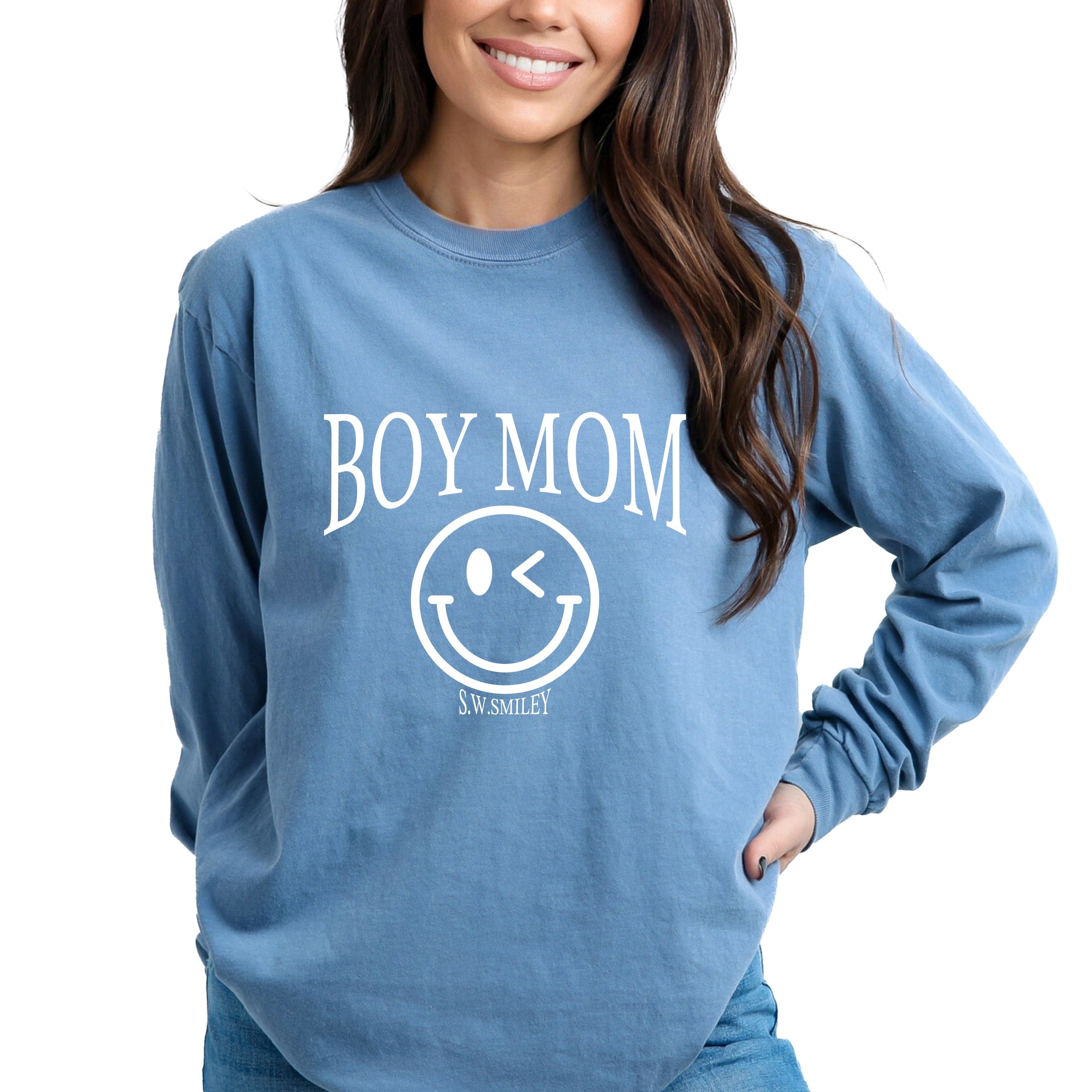 S.W.Smiley Boy Mom Outline - Women's Garment Dyed Long Sleeve Graphic T-Shirt