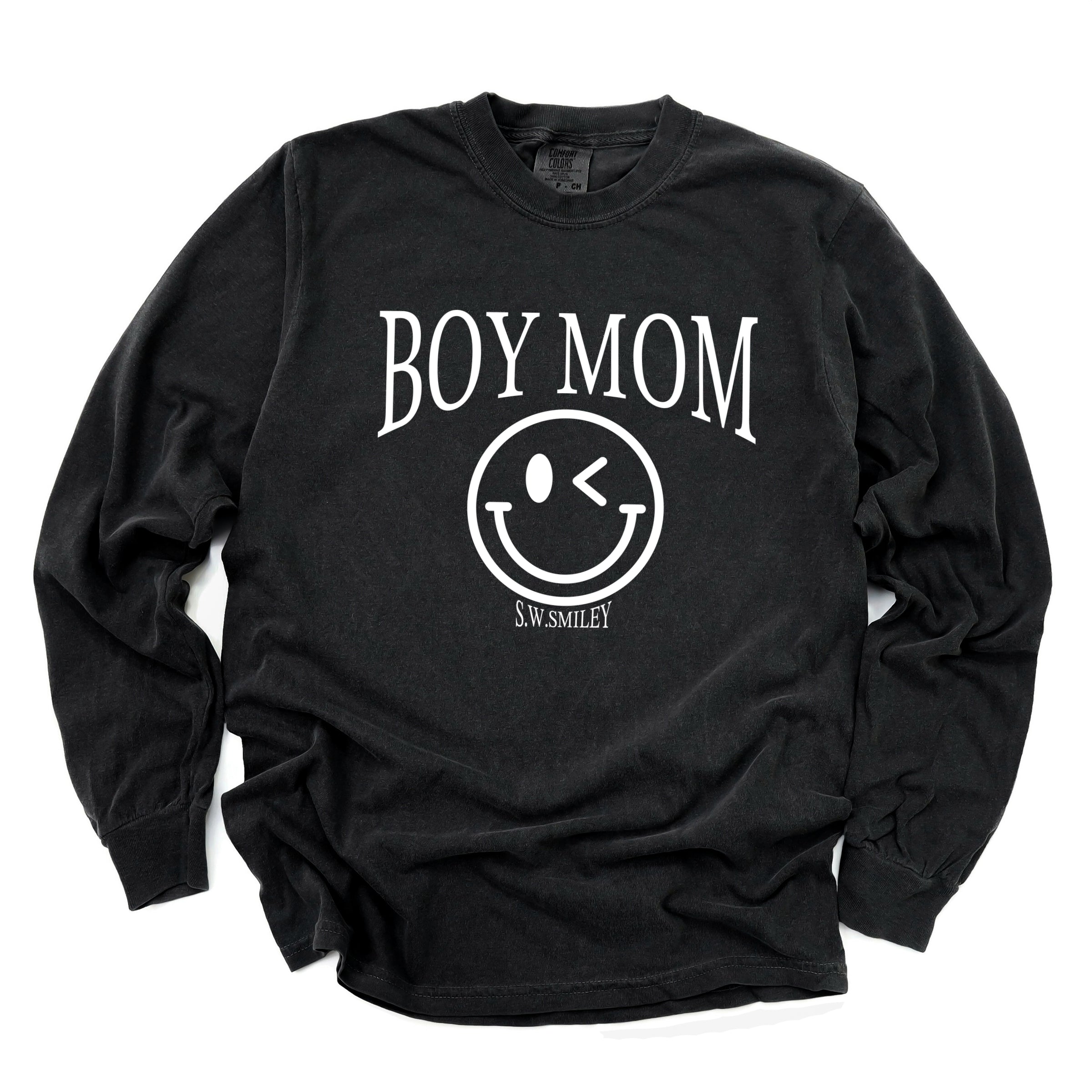 S.W.Smiley Boy Mom Outline - Women's Garment Dyed Long Sleeve Graphic T-Shirt