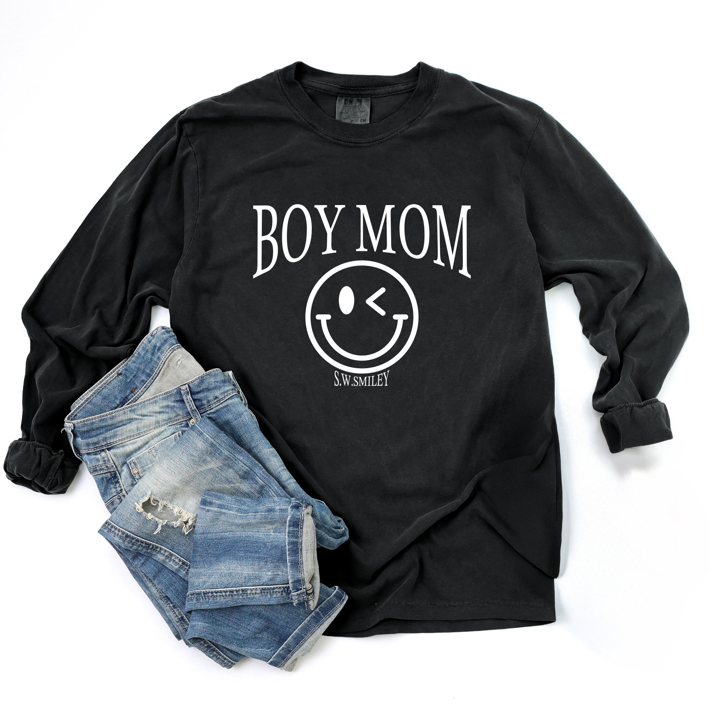 S.W.Smiley Boy Mom Outline - Women's Garment Dyed Long Sleeve Graphic T-Shirt