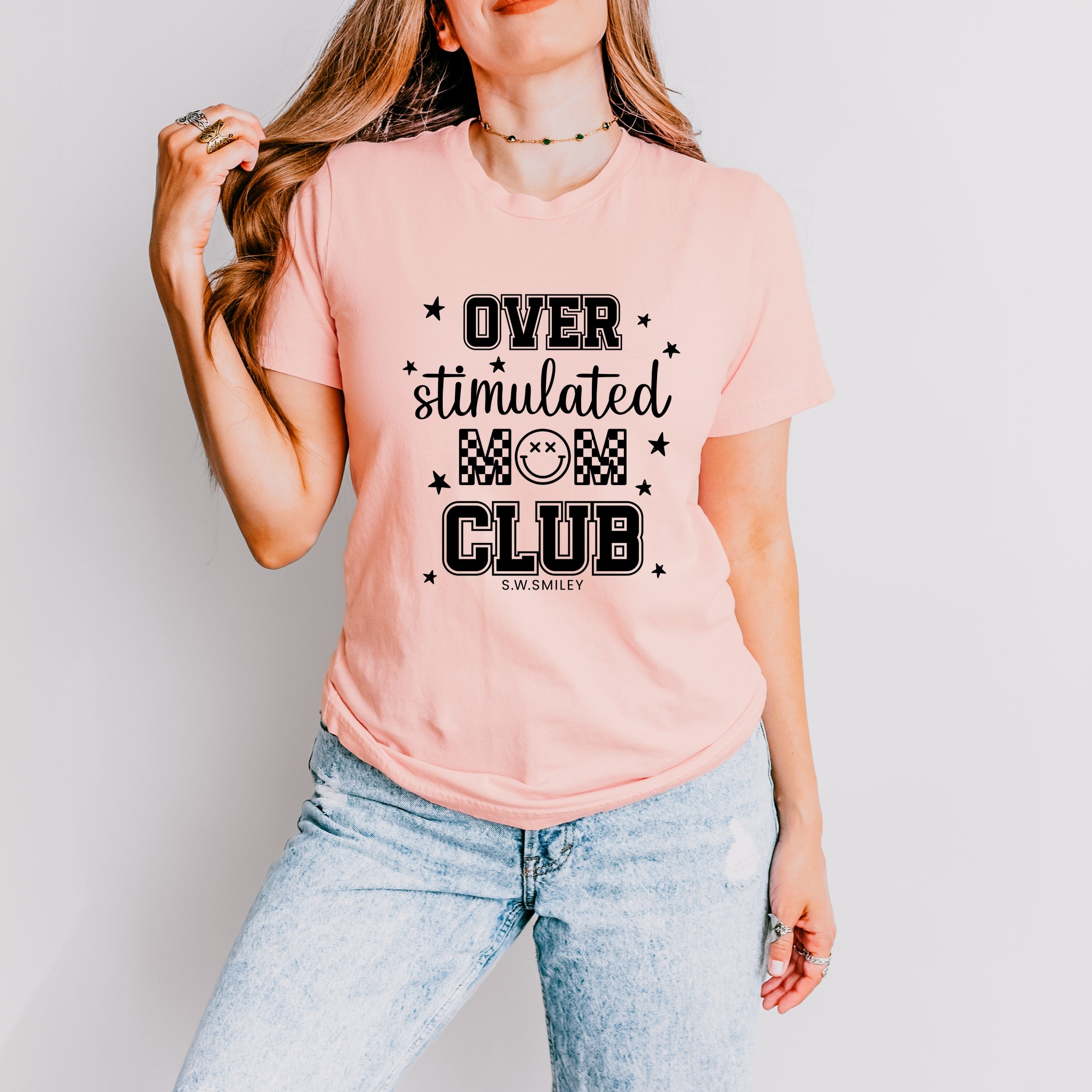 S.W.Smiley Over Stimulated Mom Club - Women's Short Sleeve Graphic T-Shirt