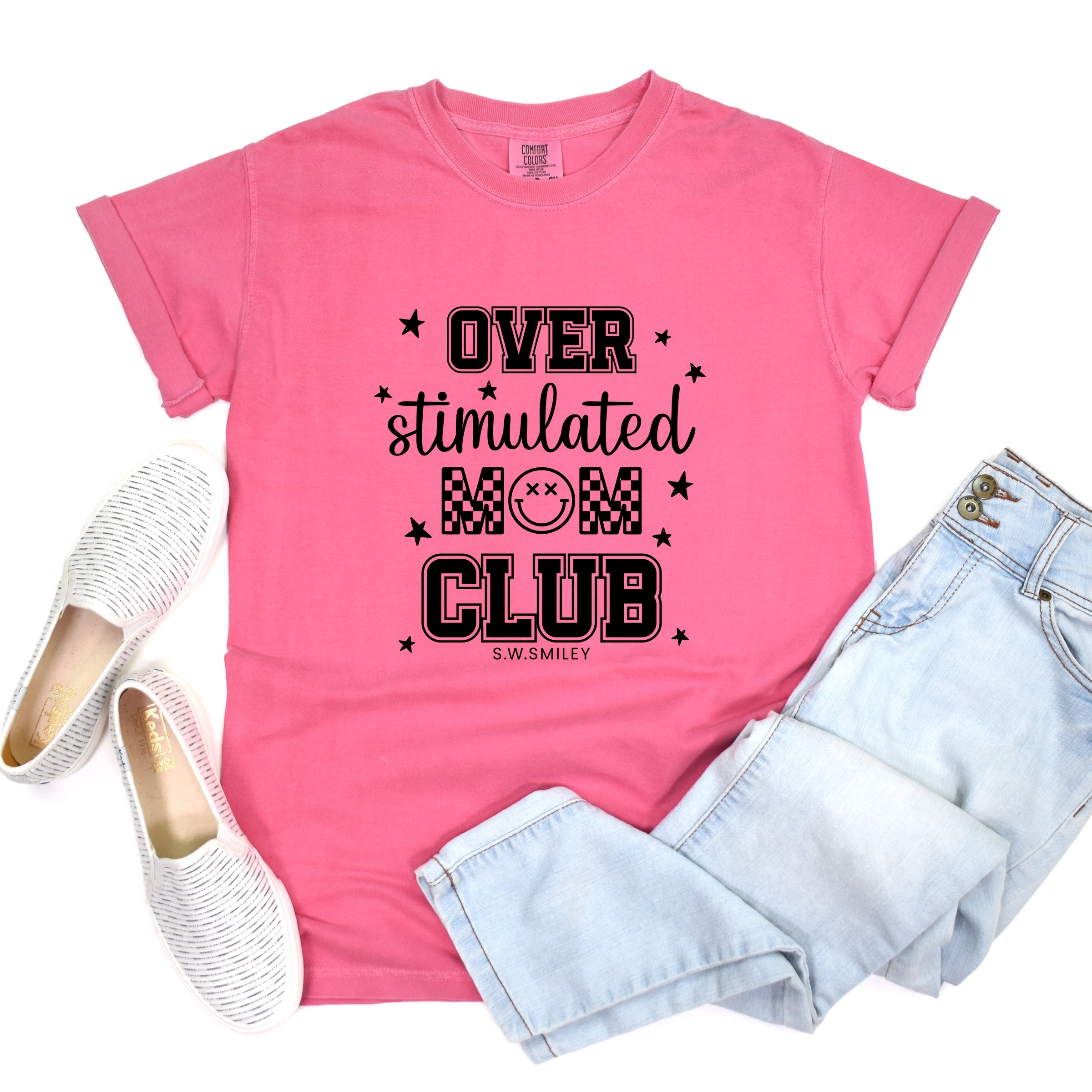 S.W.Smiley Over Stimulated Mom Club - Women's Garment Dyed Graphic T-Shirt