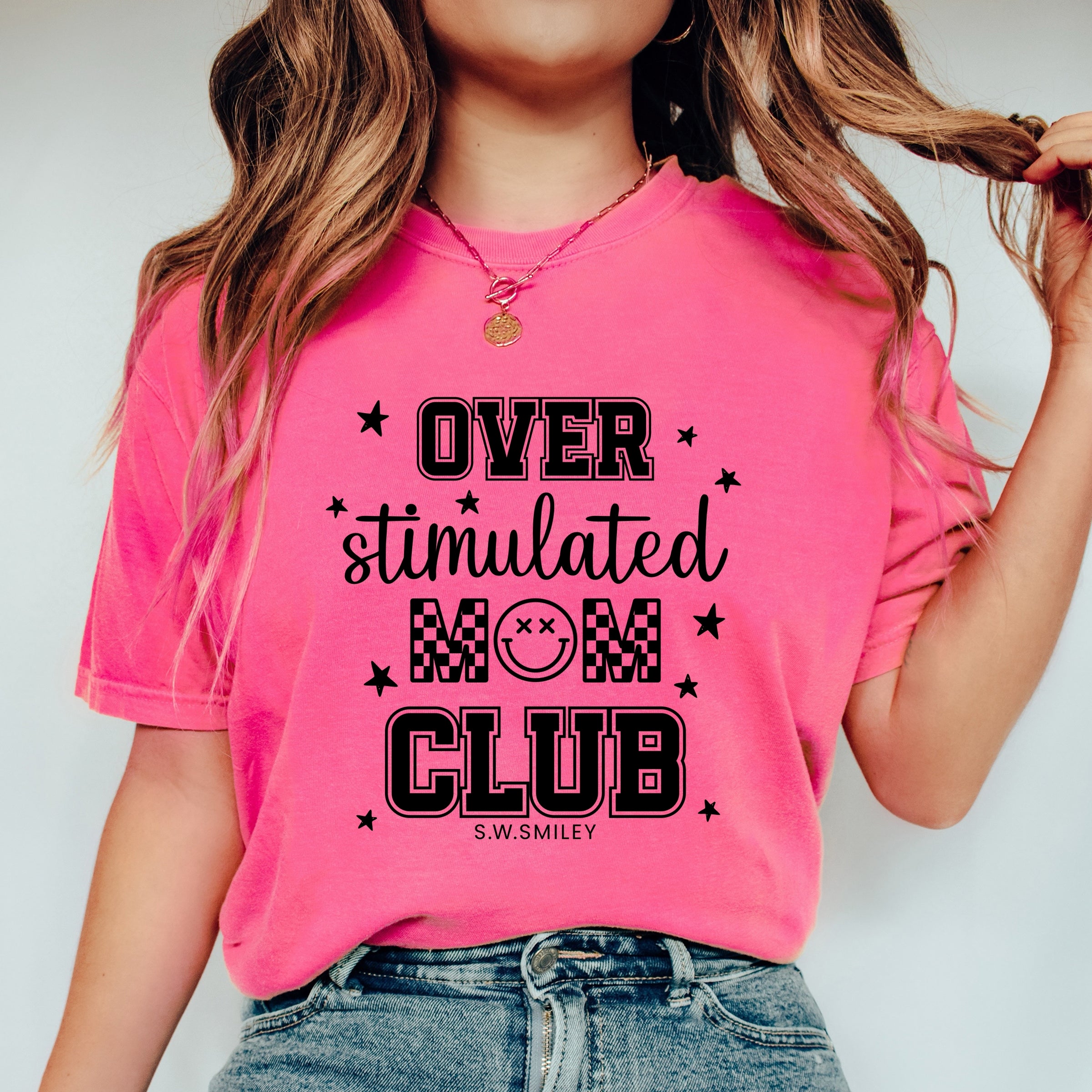 S.W.Smiley Over Stimulated Mom Club - Women's Garment Dyed Graphic T-Shirt
