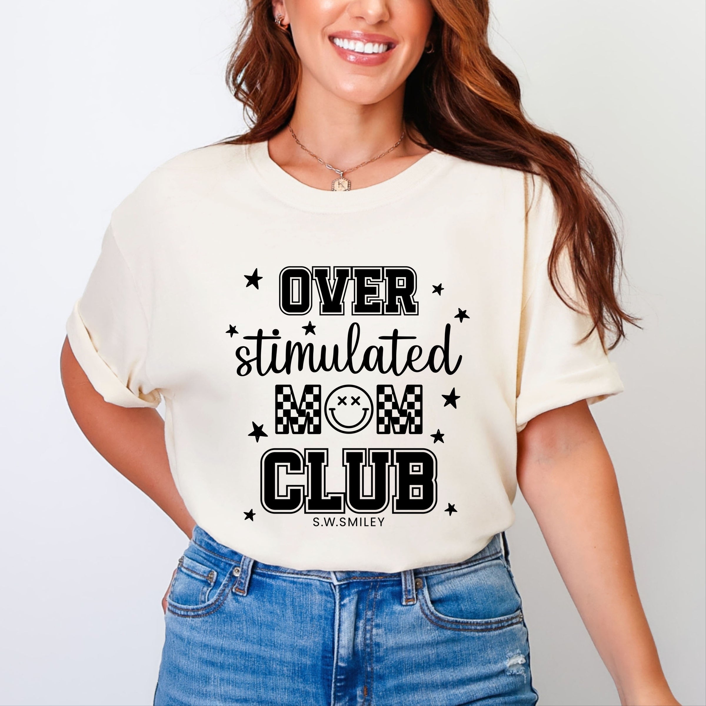 S.W.Smiley Over Stimulated Mom Club - Women's Garment Dyed Graphic T-Shirt