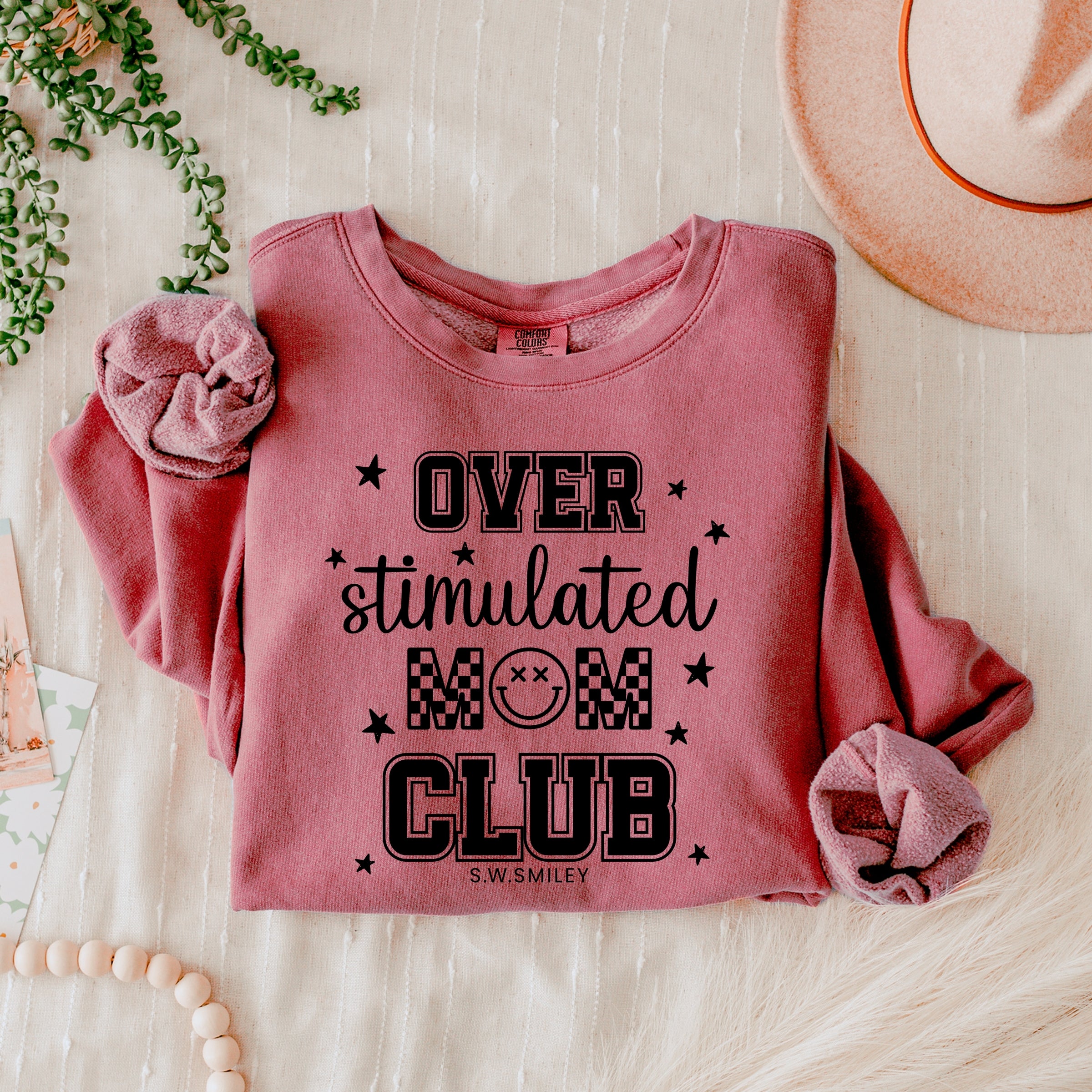 S.W.Smiley Over Stimulated Mom Club - Women's Lightweight Garment Dyed Sweatshirt