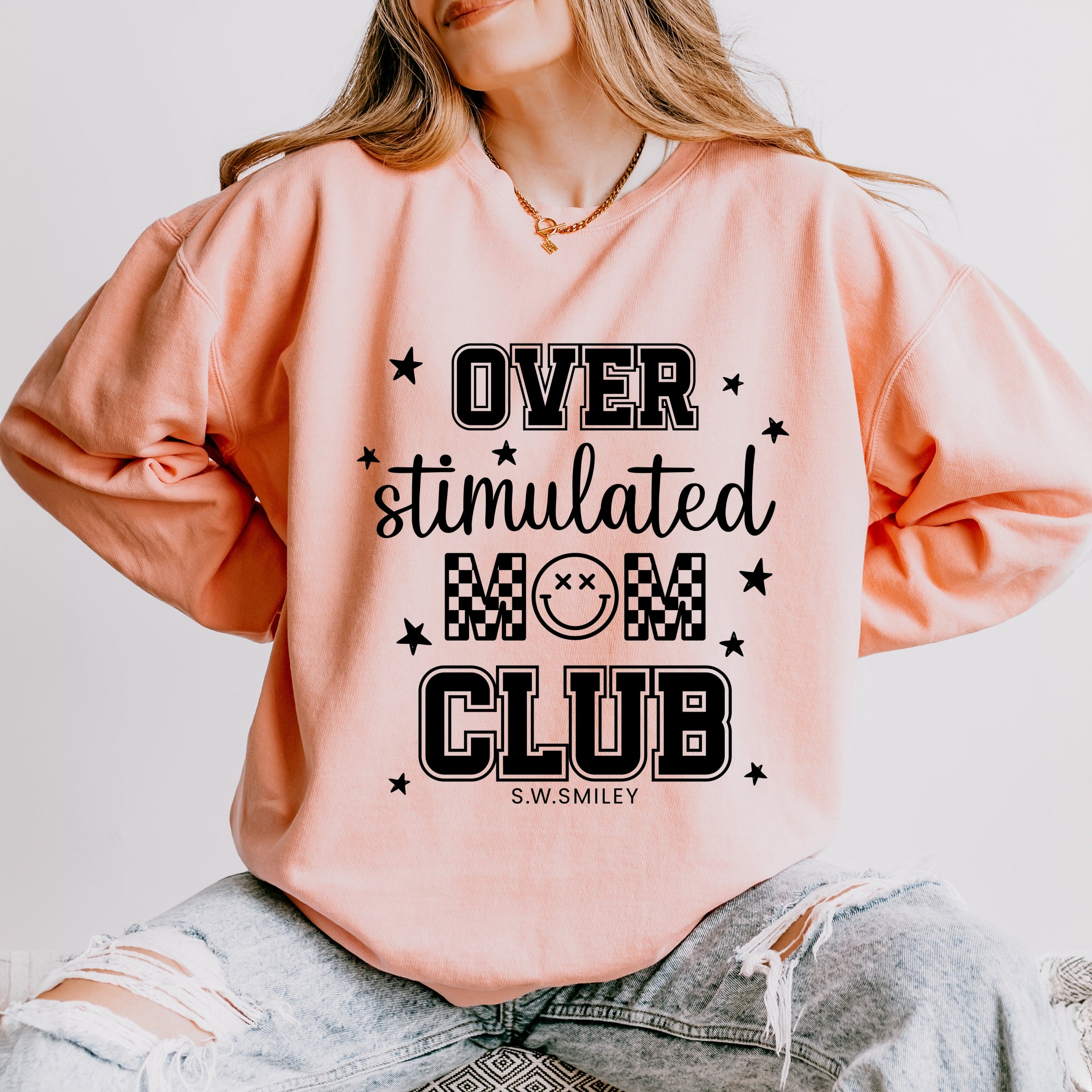 S.W.Smiley Over Stimulated Mom Club - Women's Lightweight Garment Dyed Sweatshirt
