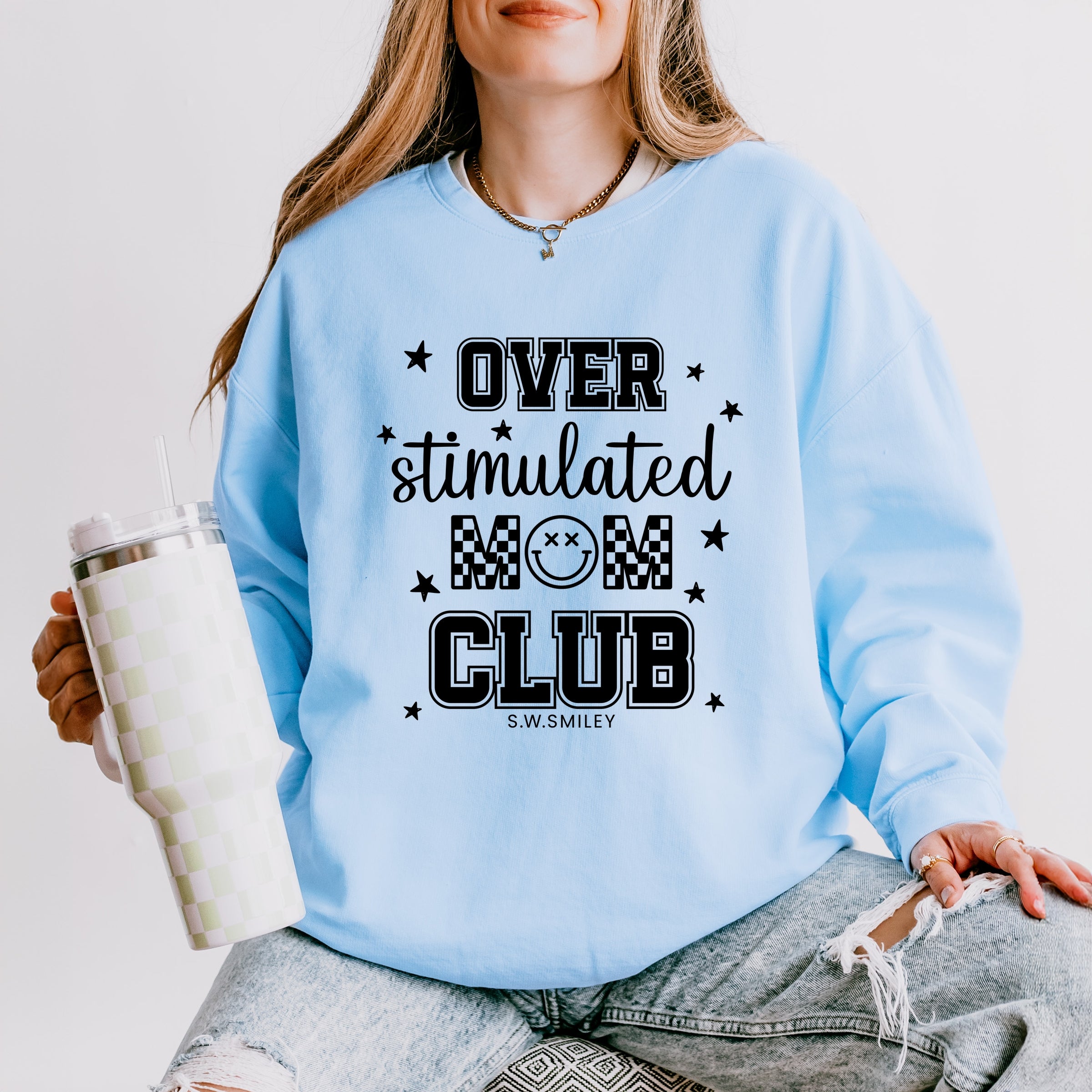 S.W.Smiley Over Stimulated Mom Club - Women's Lightweight Garment Dyed Sweatshirt