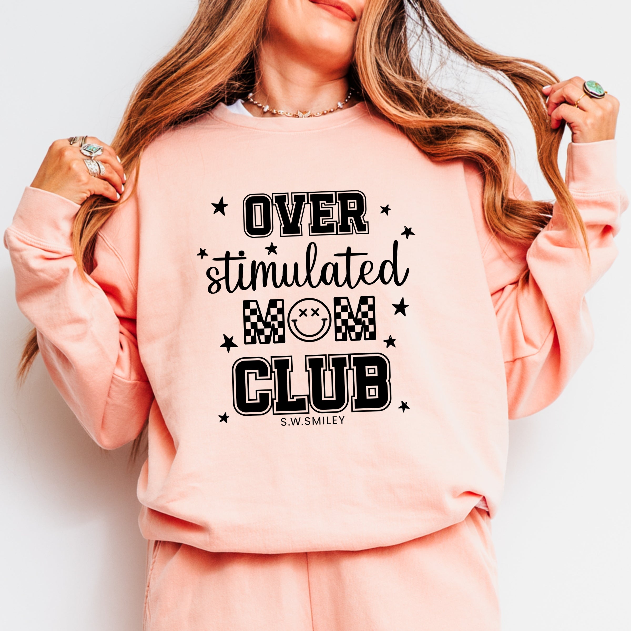 S.W.Smiley Over Stimulated Mom Club - Women's Lightweight Garment Dyed Sweatshirt