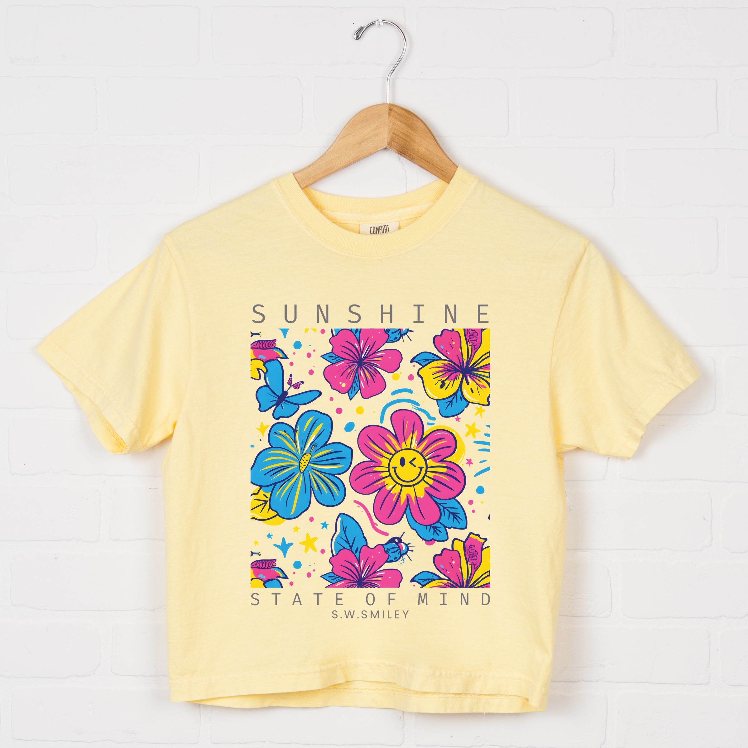 S.W.Smiley Sunshine State of Mind Floral - Women's Boxy Crop Top Graphic T-Shirt