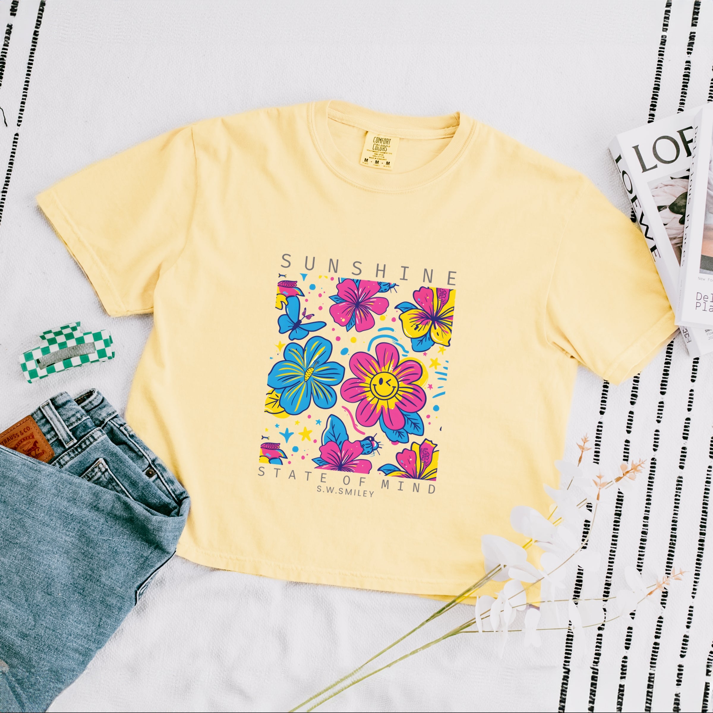 S.W.Smiley Sunshine State of Mind Floral - Women's Boxy Crop Top Graphic T-Shirt