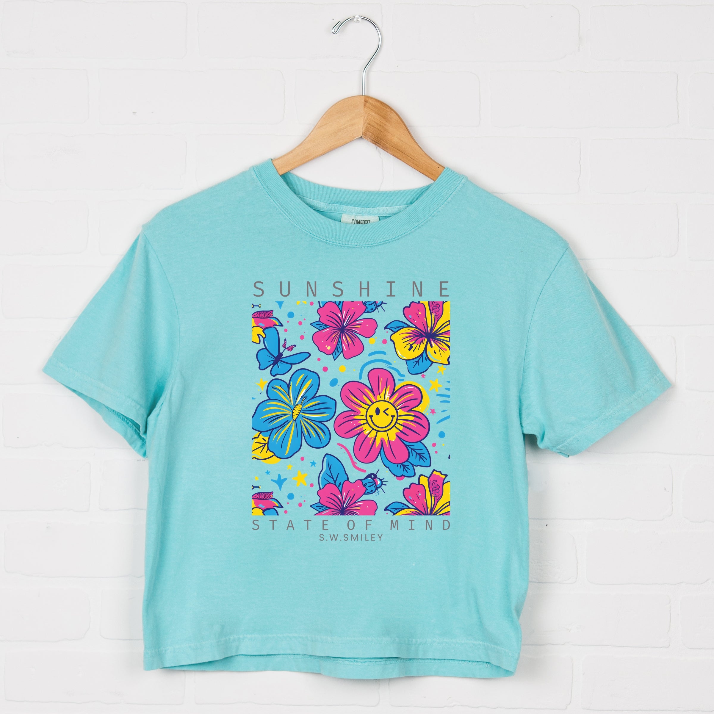 S.W.Smiley Sunshine State of Mind Floral - Women's Boxy Crop Top Graphic T-Shirt