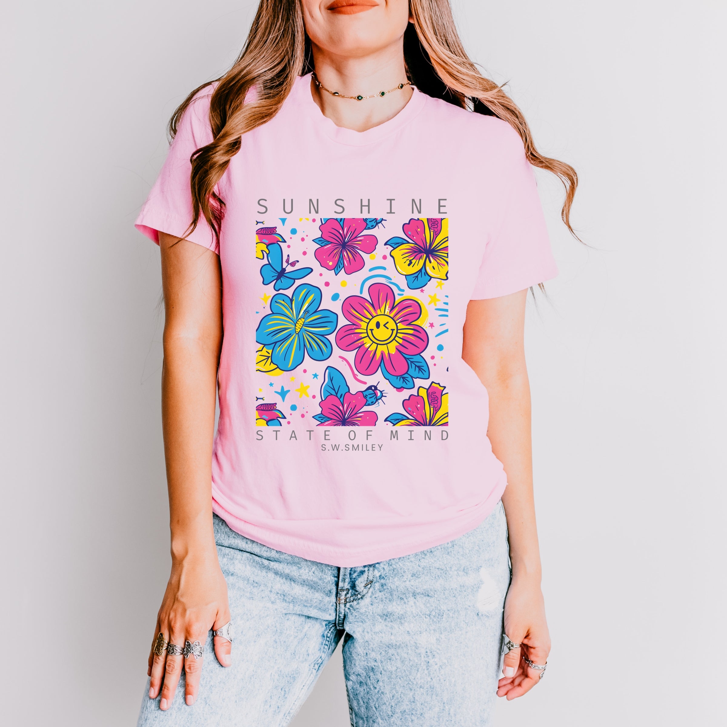 S.W.Smiley Sunshine State of Mind Floral - Women's Short Sleeve Graphic T-Shirt