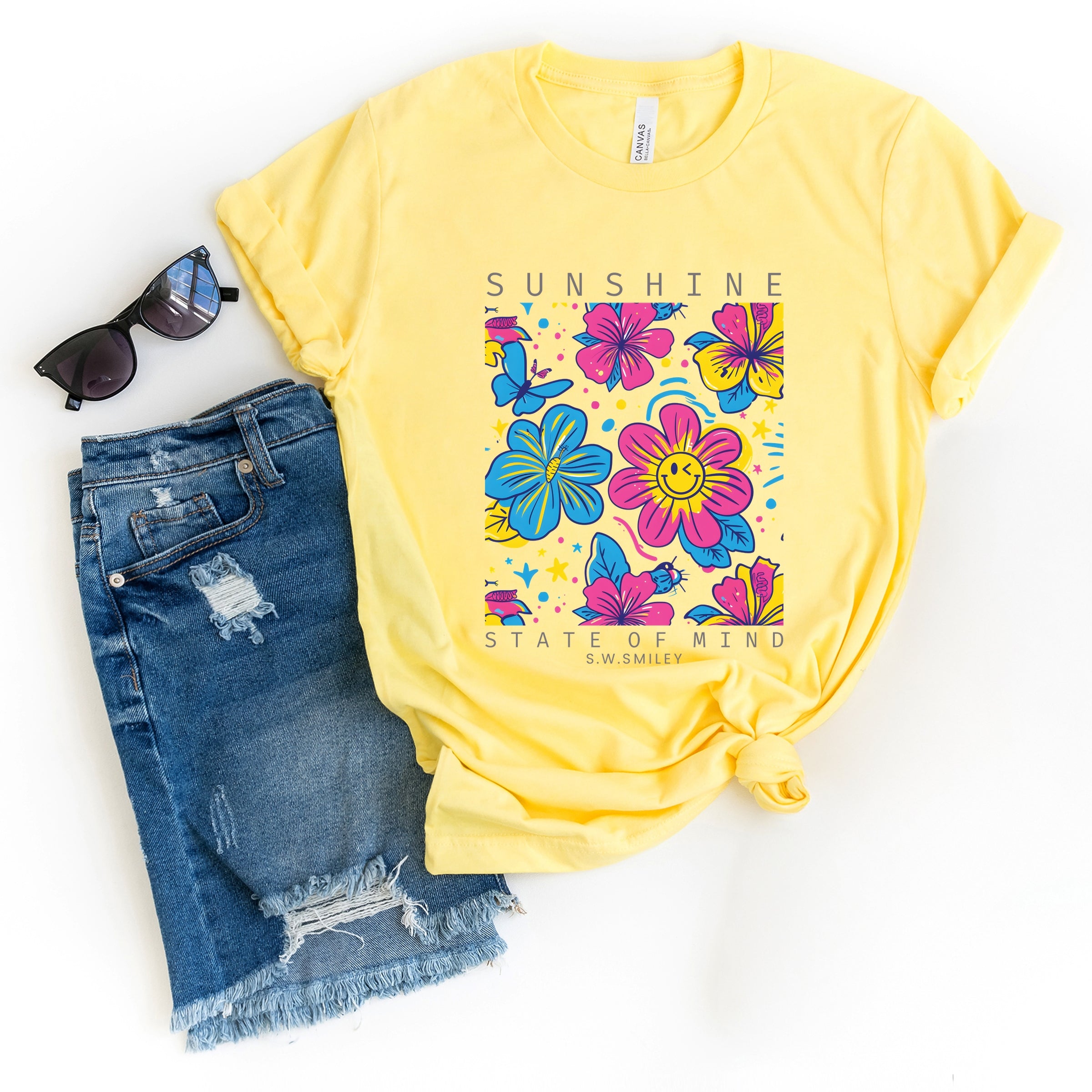 S.W.Smiley Sunshine State of Mind Floral - Women's Short Sleeve Graphic T-Shirt
