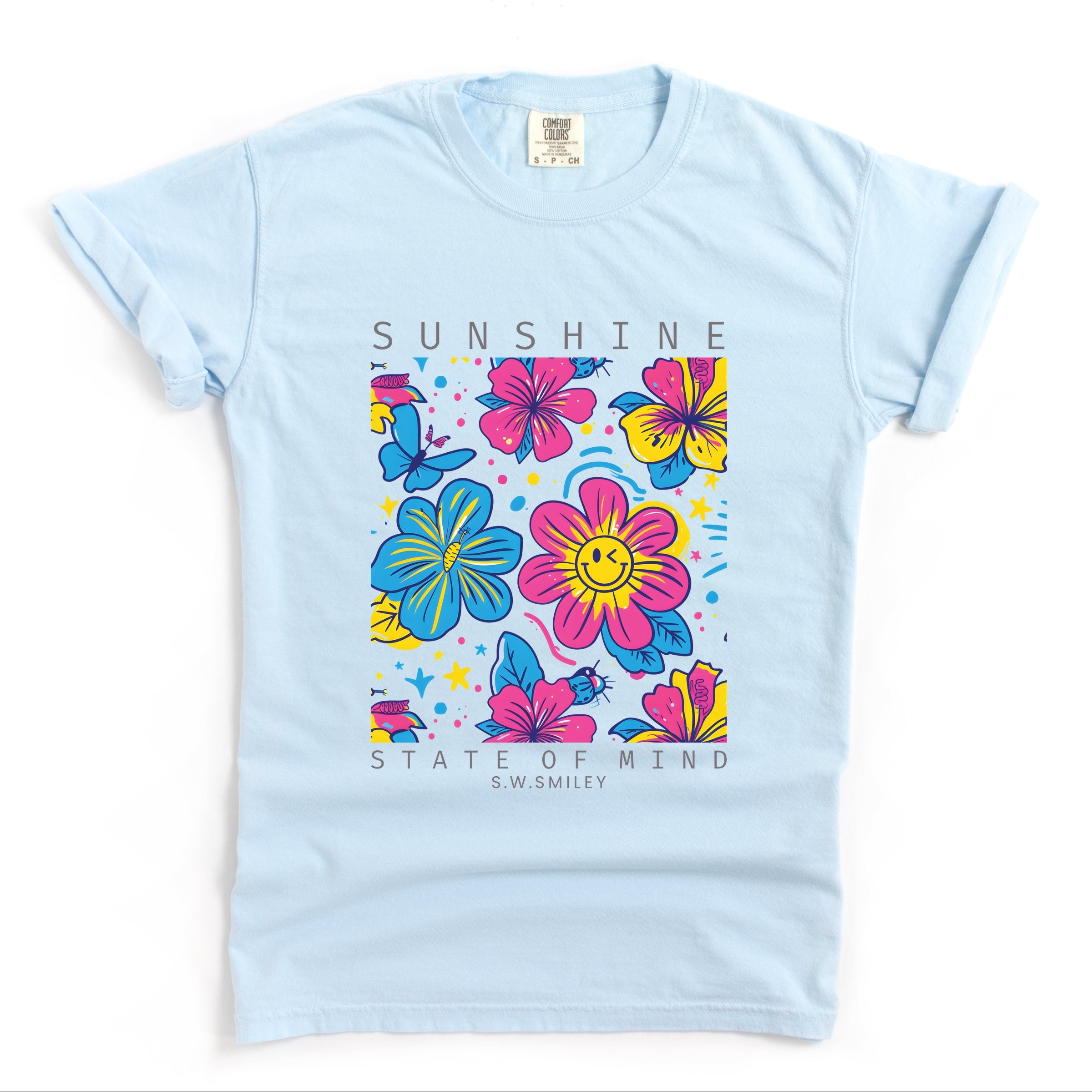 S.W.Smiley Sunshine State of Mind Floral - Women's Garment Dyed Graphic T-Shirt