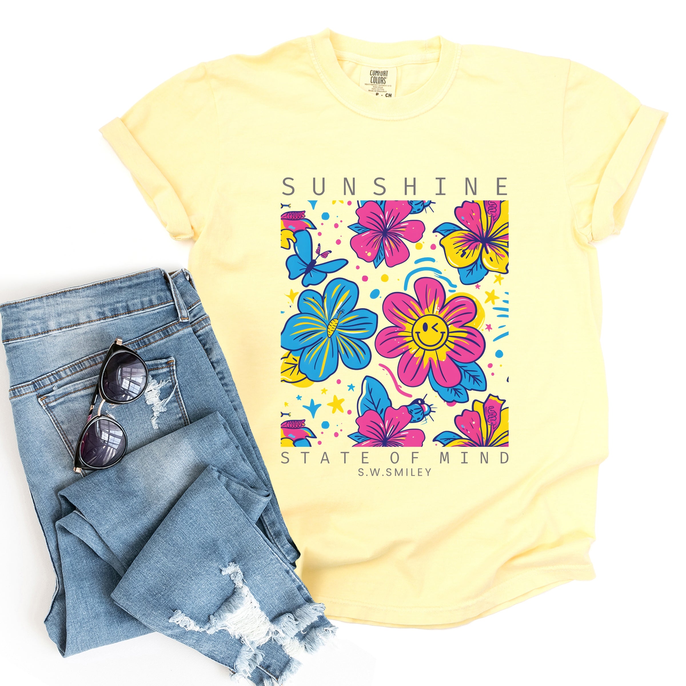 S.W.Smiley Sunshine State of Mind Floral - Women's Garment Dyed Graphic T-Shirt