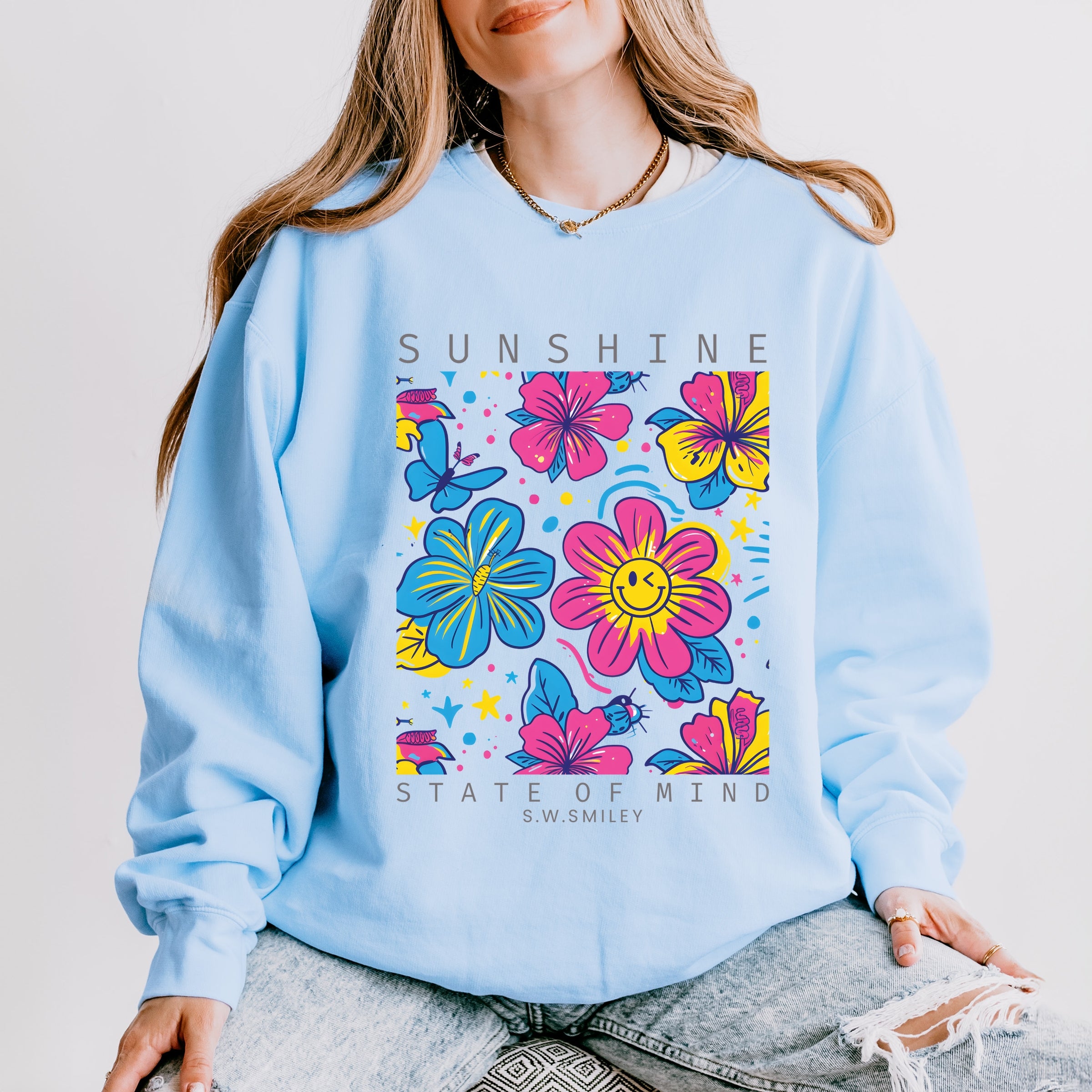 S.W.Smiley Sunshine State of Mind Floral - Women's Lightweight Garment Dyed Sweatshirt