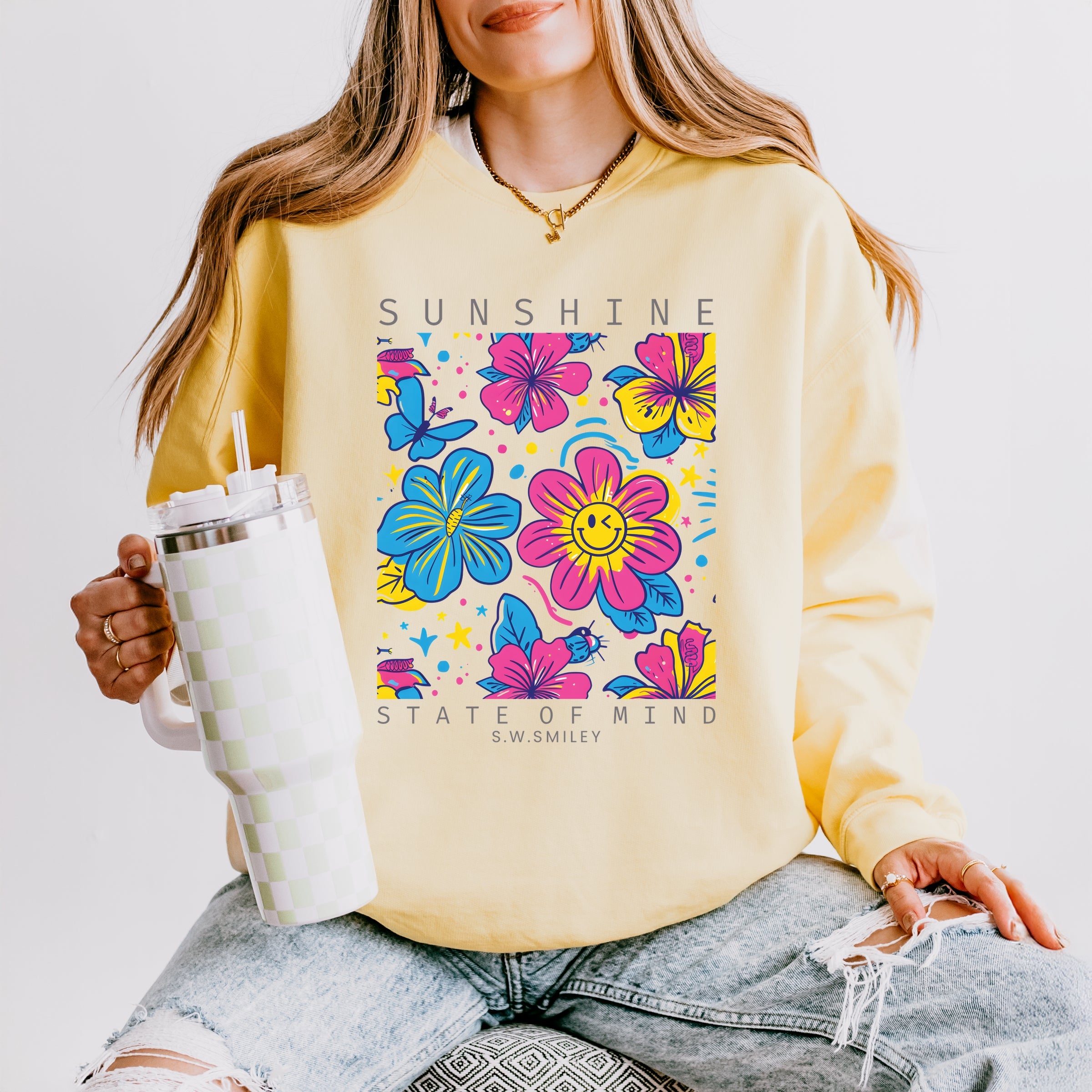 S.W.Smiley Sunshine State of Mind Floral - Women's Lightweight Garment Dyed Sweatshirt