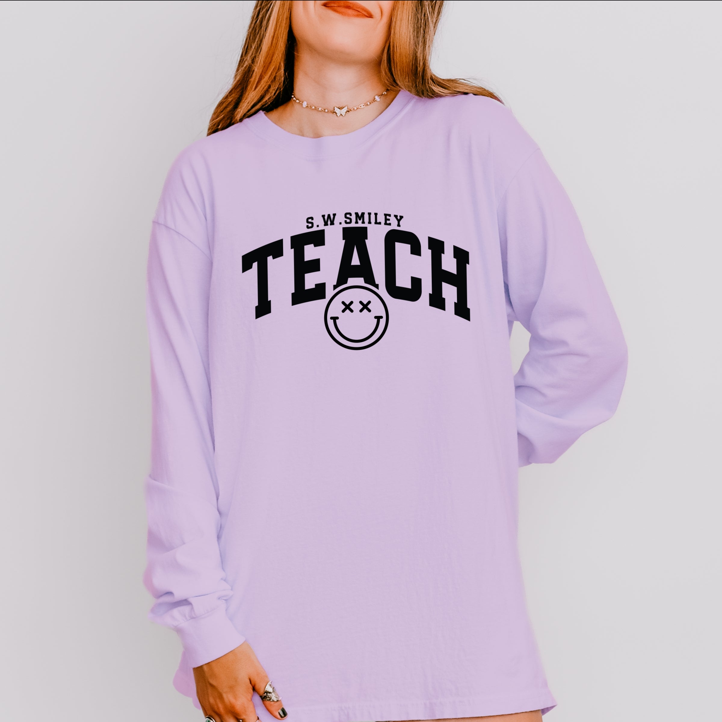 S.W.Smiley Teach Varsity Arched - Women's Garment Dyed Long Sleeve Graphic T-Shirt