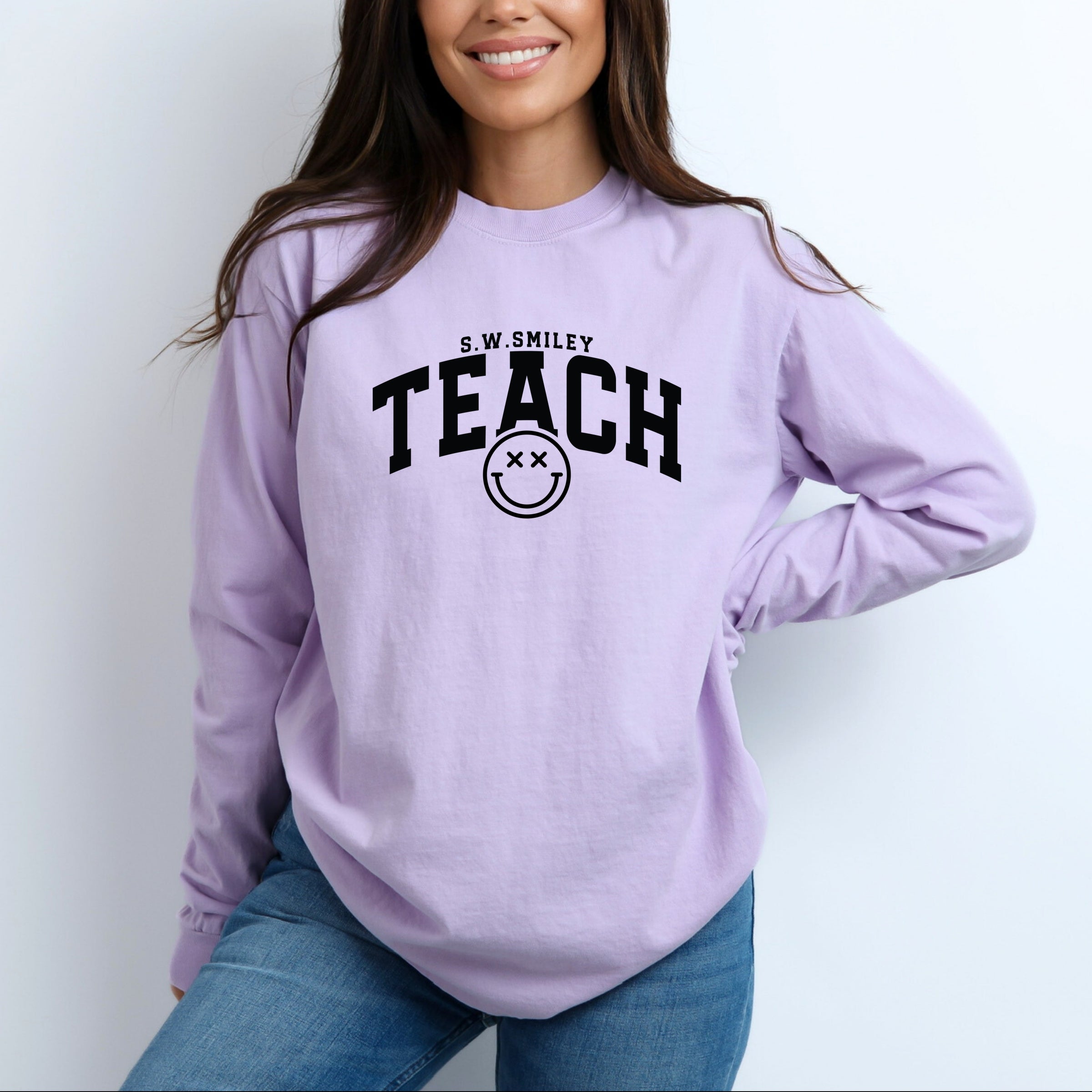 S.W.Smiley Teach Varsity Arched - Women's Garment Dyed Long Sleeve Graphic T-Shirt