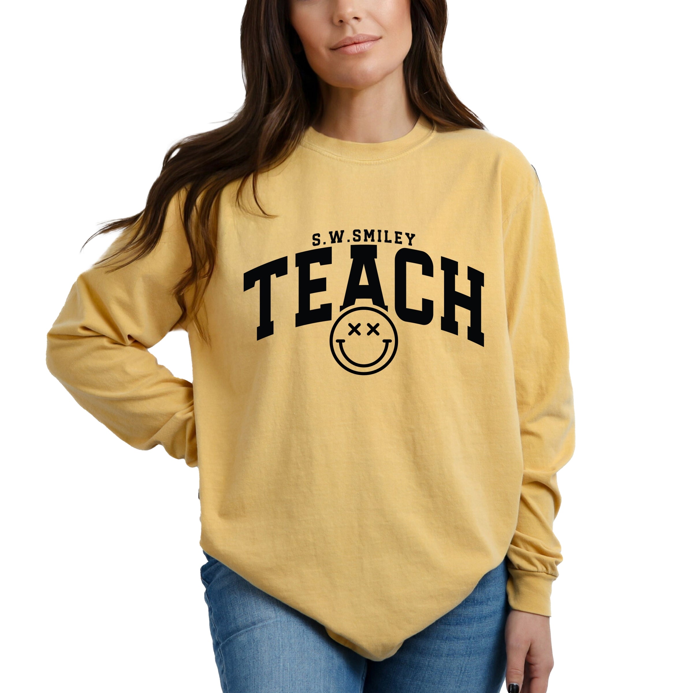 S.W.Smiley Teach Varsity Arched - Women's Garment Dyed Long Sleeve Graphic T-Shirt