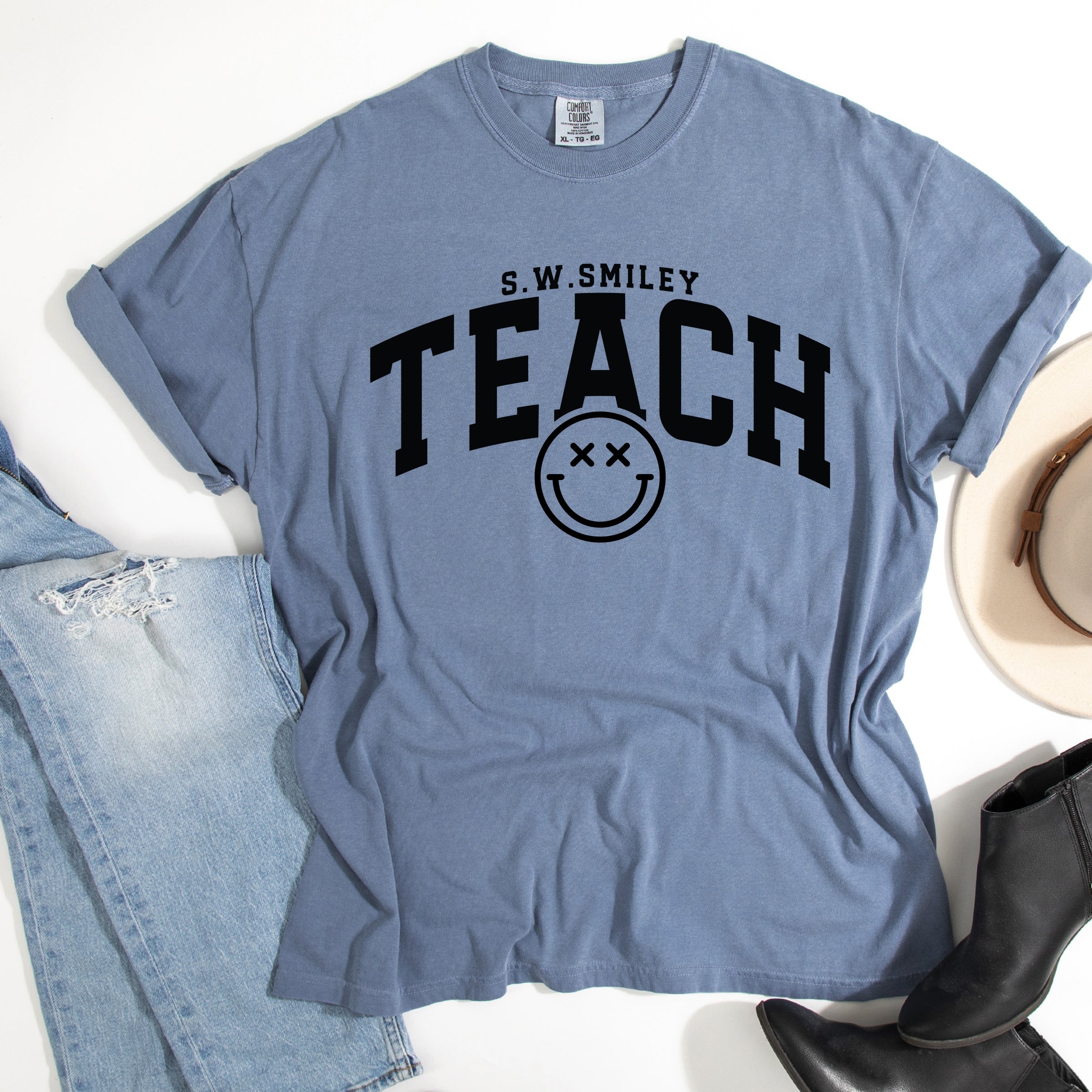 S.W.Smiley Teach Varsity Arched - Women's Garment Dyed Graphic T-Shirt