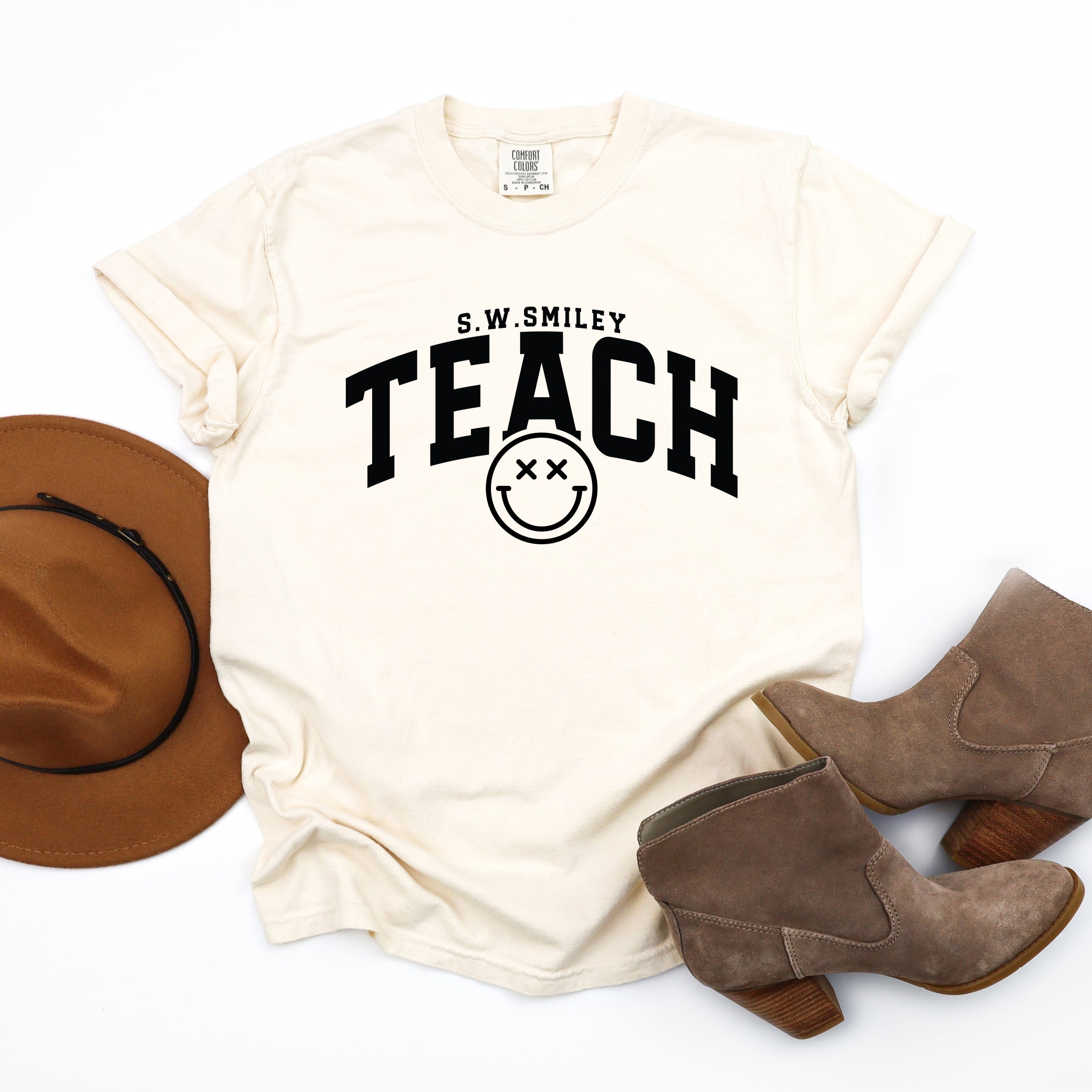 S.W.Smiley Teach Varsity Arched - Women's Garment Dyed Graphic T-Shirt