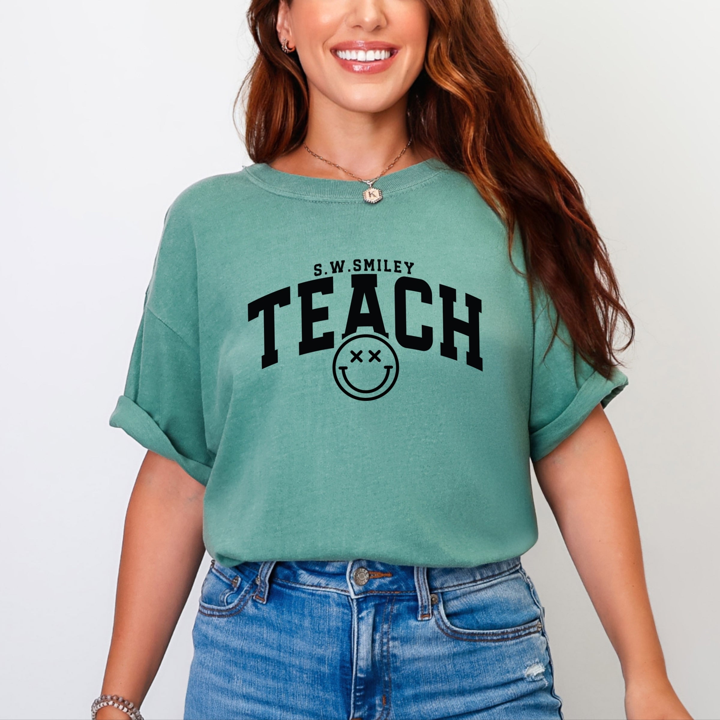 S.W.Smiley Teach Varsity Arched - Women's Garment Dyed Graphic T-Shirt
